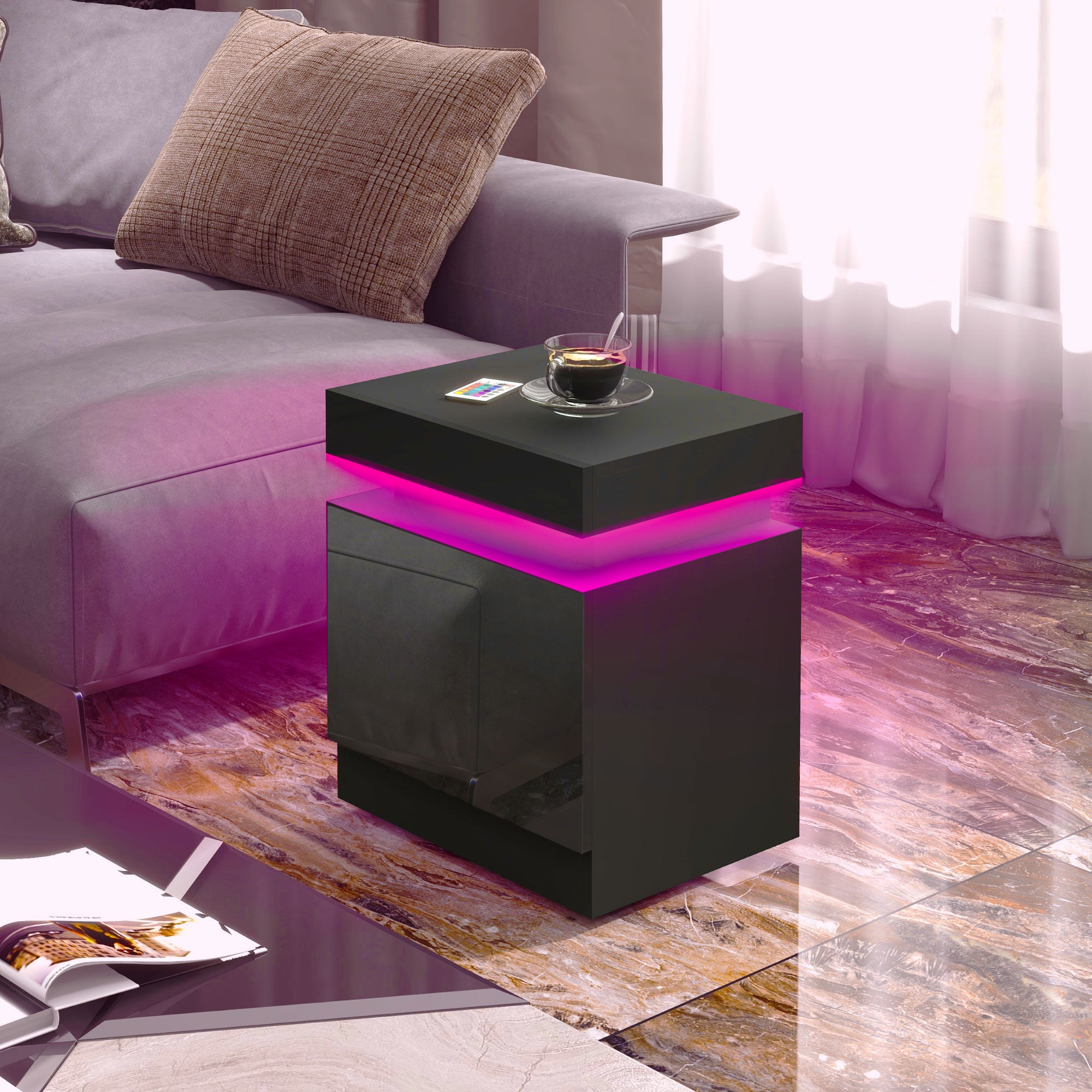HOMCOM Nightstand, End Side Table with LED Lights, Bedside Table with 2 Drawers, for Bedroom, Black