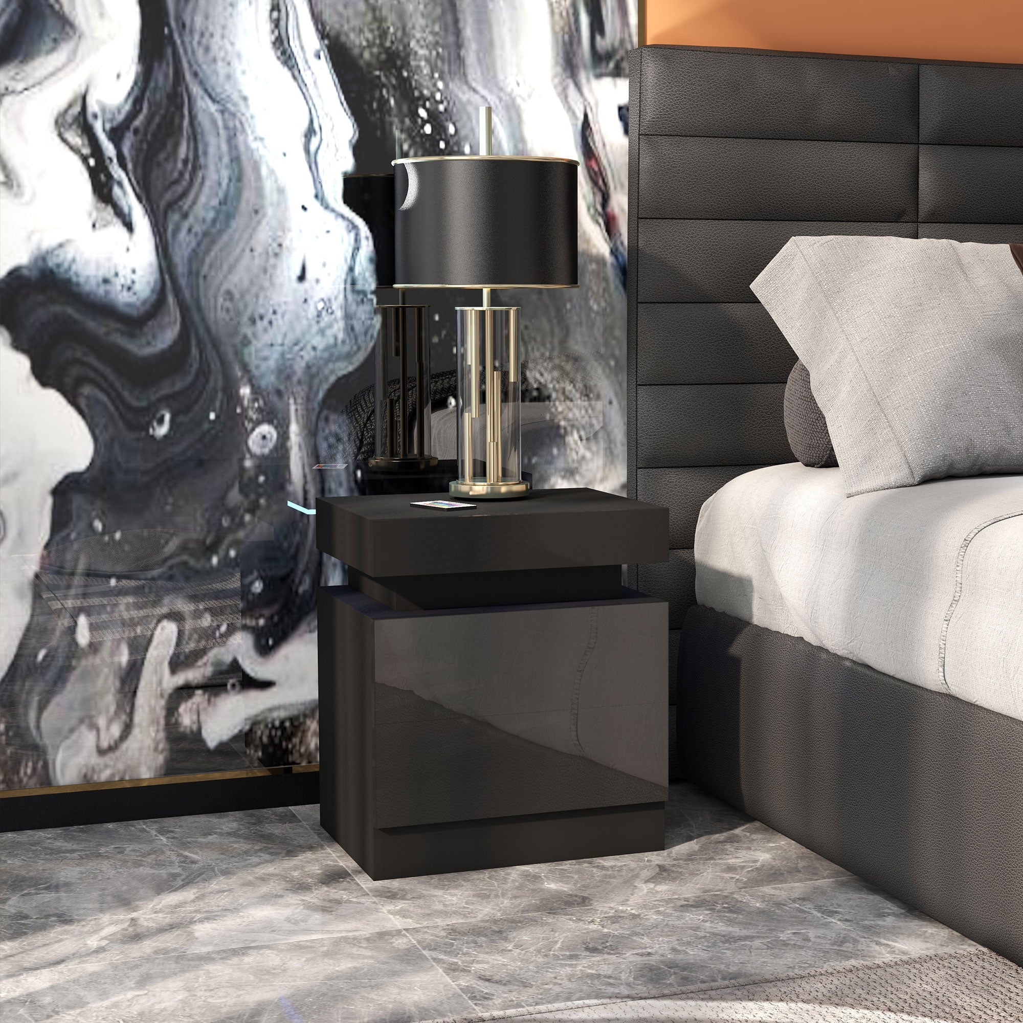 HOMCOM Nightstand, End Side Table with LED Lights, Bedside Table with 2 Drawers, for Bedroom, Black