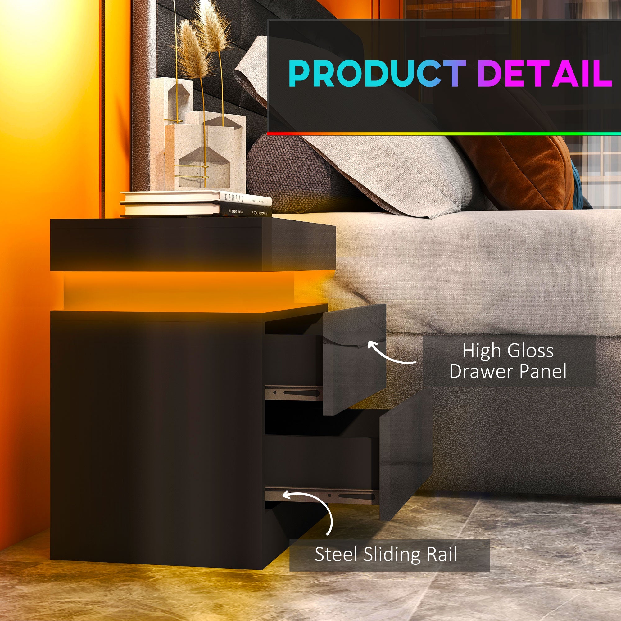 HOMCOM Nightstand, End Side Table with LED Lights, Bedside Table with 2 Drawers, for Bedroom, Black