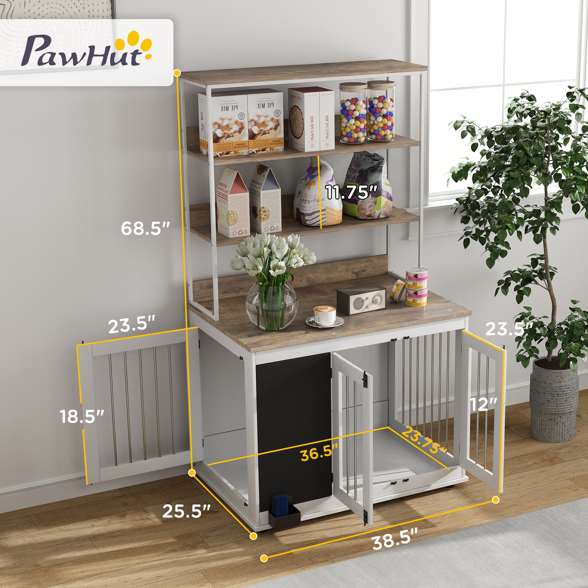 PawHut Furniture Dog Crate for Large Dogs, 39" Dog Kennel Furniture Side Table with Storage Shelf, Three Doors, Blackboard & Non-Slip Foot Pads, Dog Crate Furniture, White