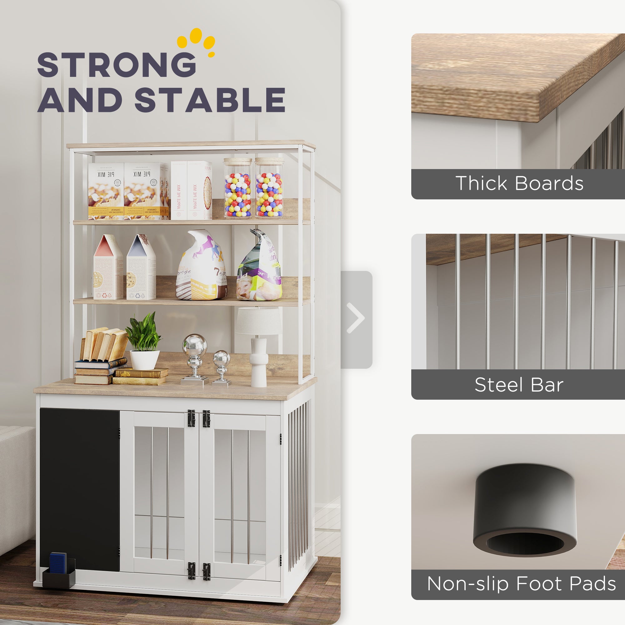 PawHut Furniture Dog Crate for Large Dogs, 39" Dog Kennel Furniture Side Table with Storage Shelf, Three Doors, Blackboard & Non-Slip Foot Pads, Dog Crate Furniture, White
