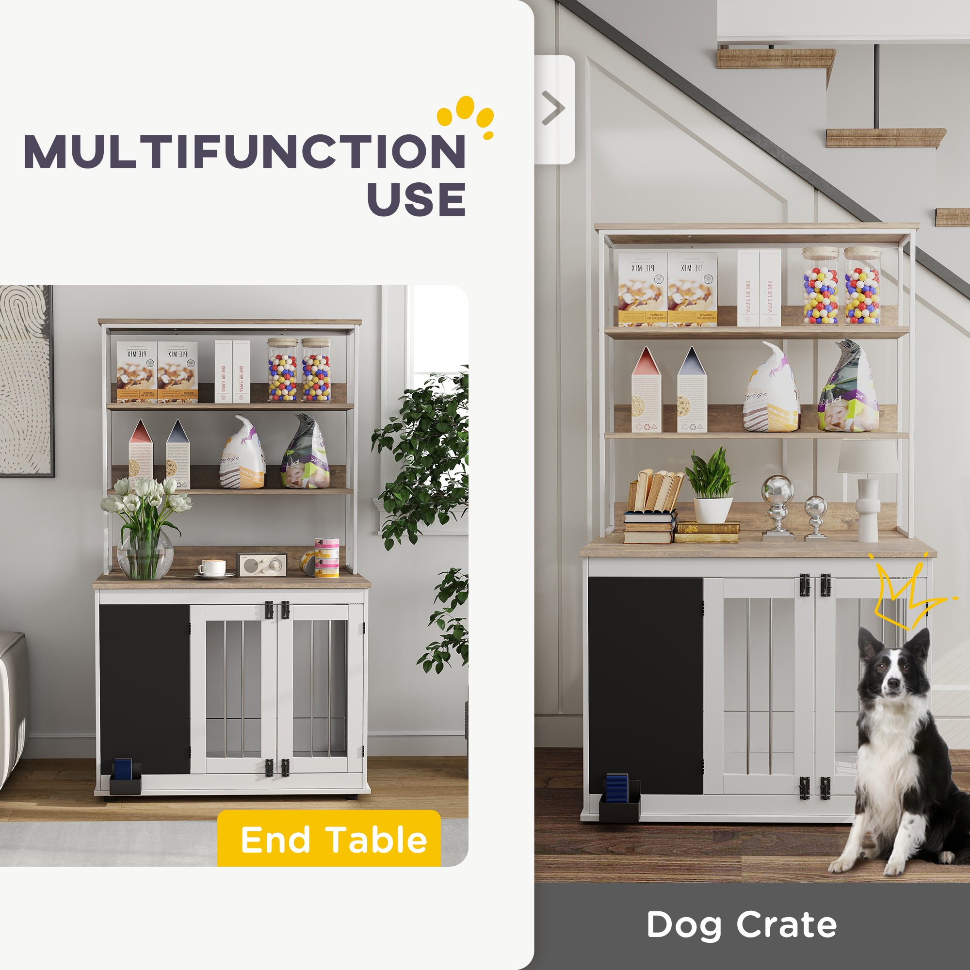 PawHut Furniture Dog Crate for Large Dogs, 39" Dog Kennel Furniture Side Table with Storage Shelf, Three Doors, Blackboard & Non-Slip Foot Pads, Dog Crate Furniture, White