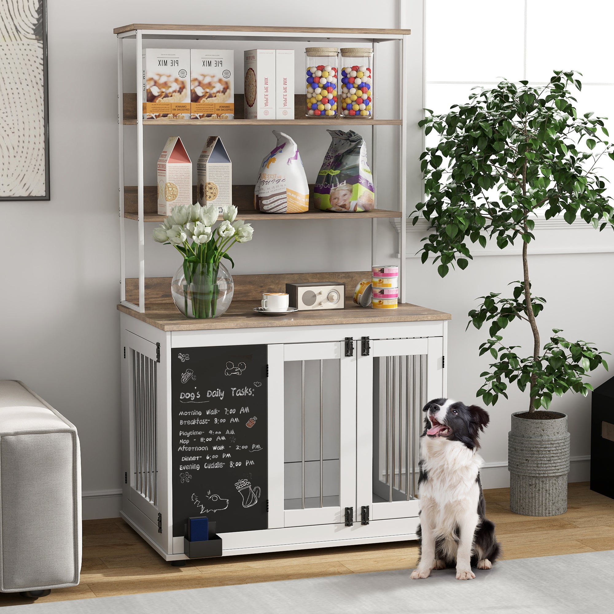 PawHut Furniture Dog Crate for Large Dogs, 39" Dog Kennel Furniture Side Table with Storage Shelf, Three Doors, Blackboard & Non-Slip Foot Pads, Dog Crate Furniture, White