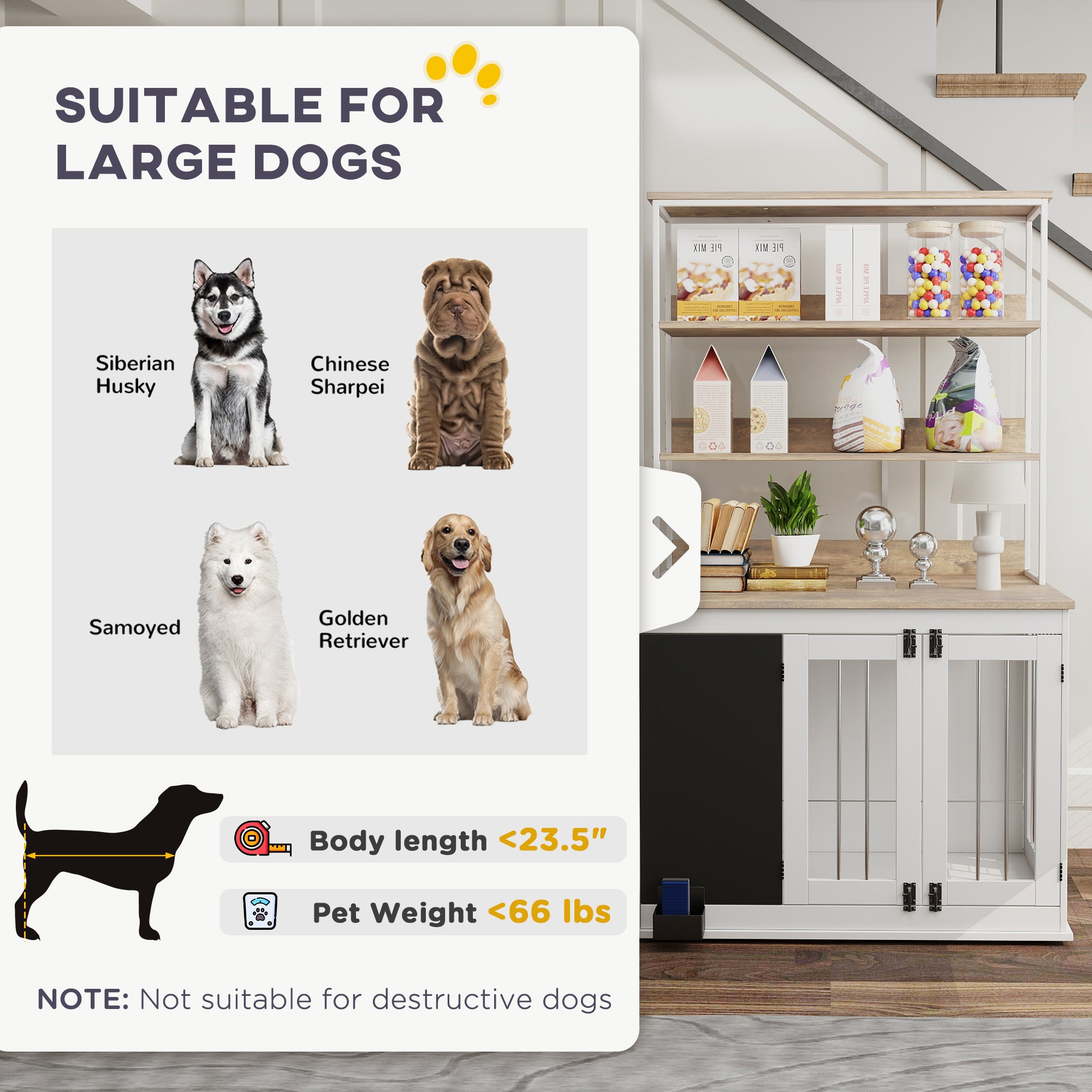 PawHut Furniture Dog Crate for Large Dogs, 39" Dog Kennel Furniture Side Table with Storage Shelf, Three Doors, Blackboard & Non-Slip Foot Pads, Dog Crate Furniture, White