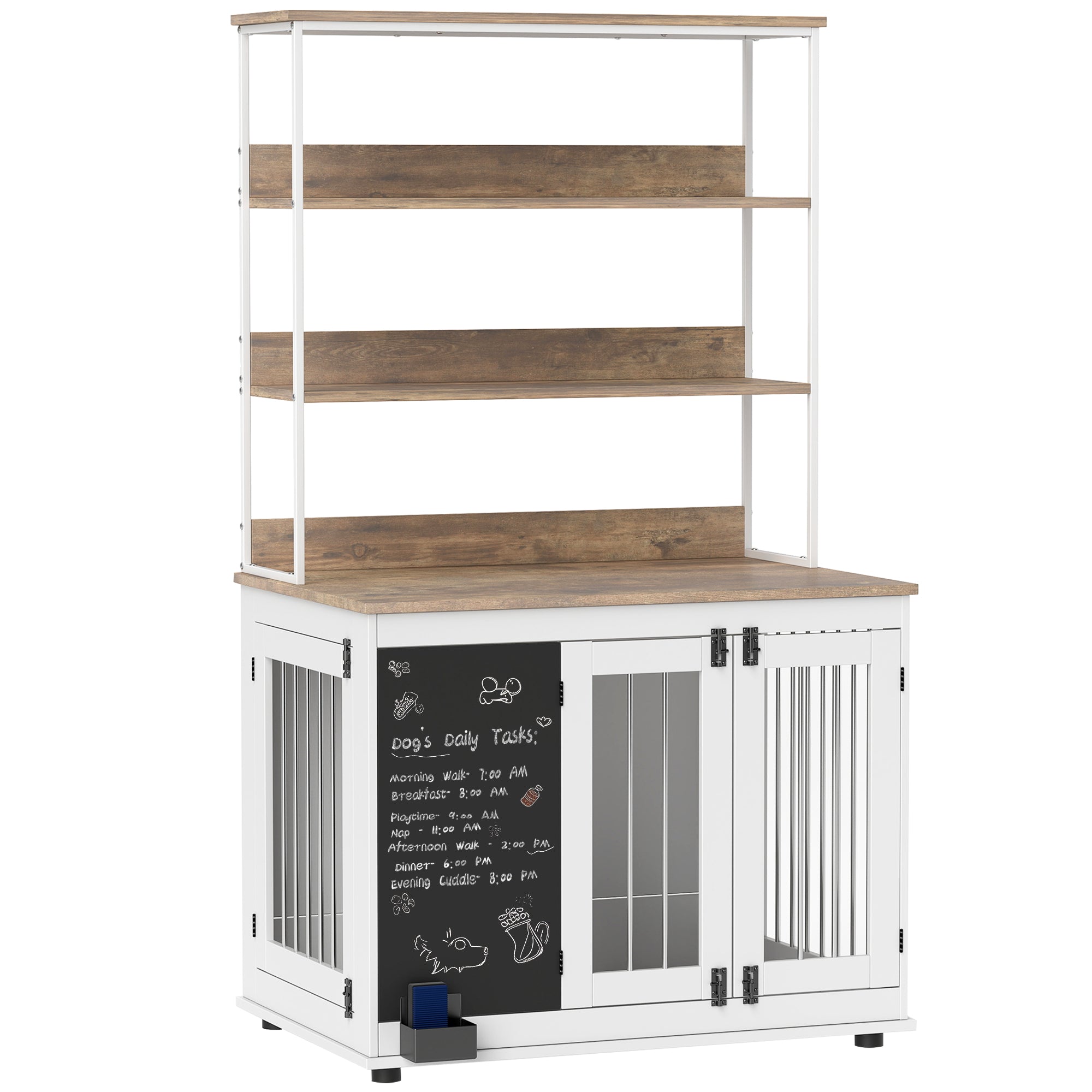 PawHut Furniture Dog Crate for Large Dogs, 39" Dog Kennel Furniture Side Table with Storage Shelf, Three Doors, Blackboard & Non-Slip Foot Pads, Dog Crate Furniture, White