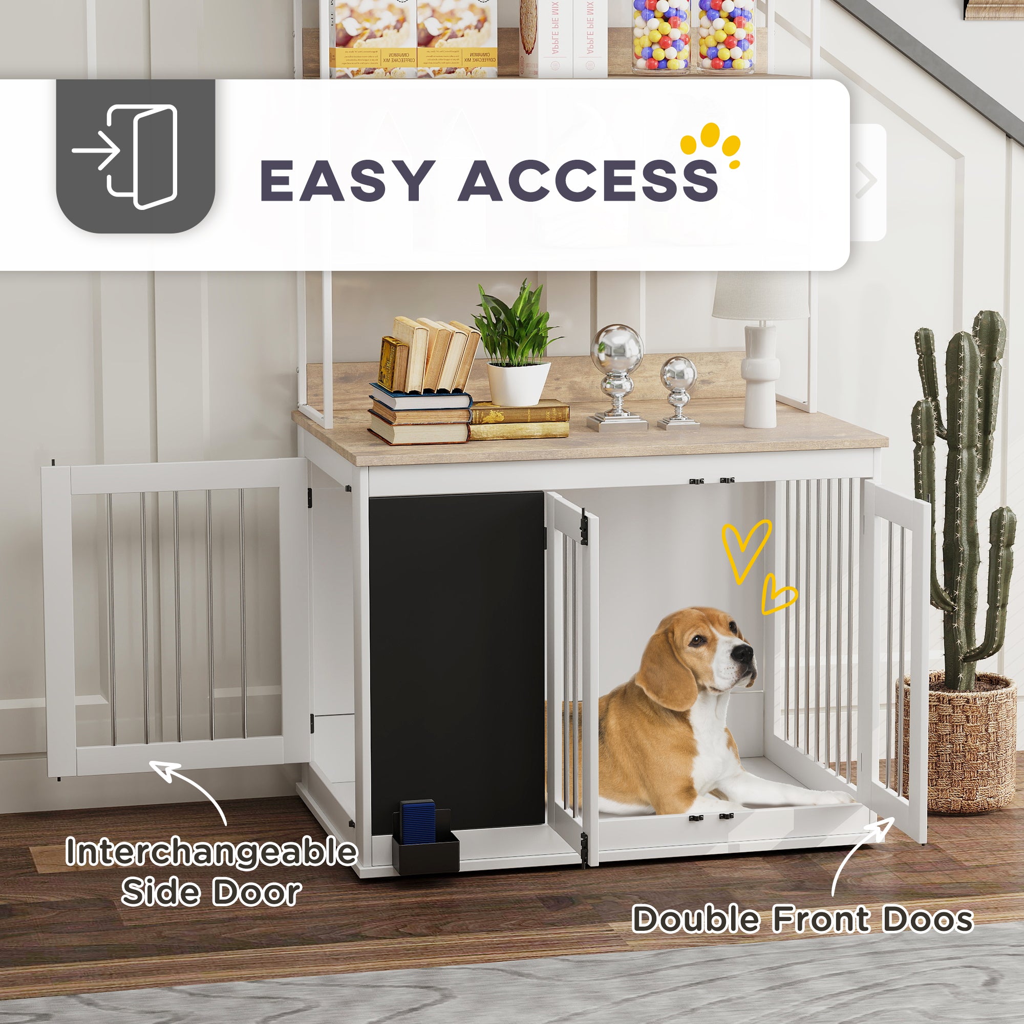 PawHut Furniture Dog Crate for Large Dogs, 39" Dog Kennel Furniture Side Table with Storage Shelf, Three Doors, Blackboard & Non-Slip Foot Pads, Dog Crate Furniture, White