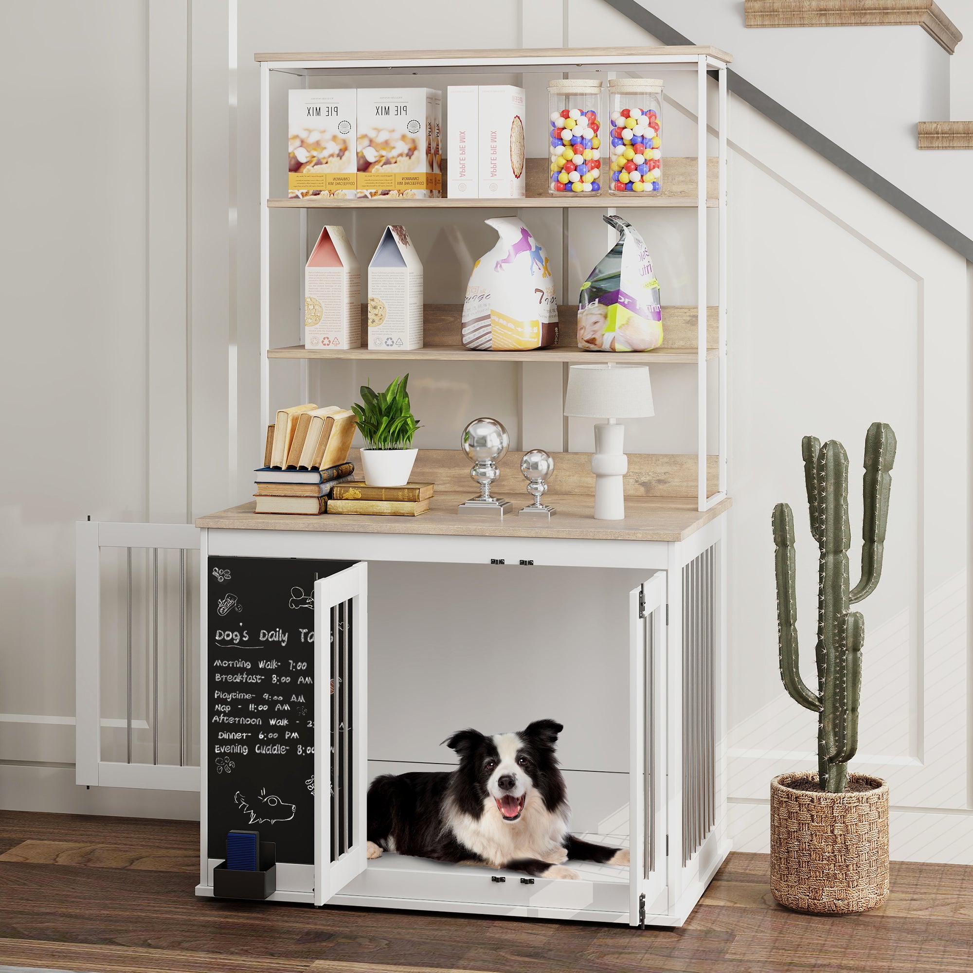 PawHut Furniture Dog Crate for Large Dogs, 39" Dog Kennel Furniture Side Table with Storage Shelf, Three Doors, Blackboard & Non-Slip Foot Pads, Dog Crate Furniture, White