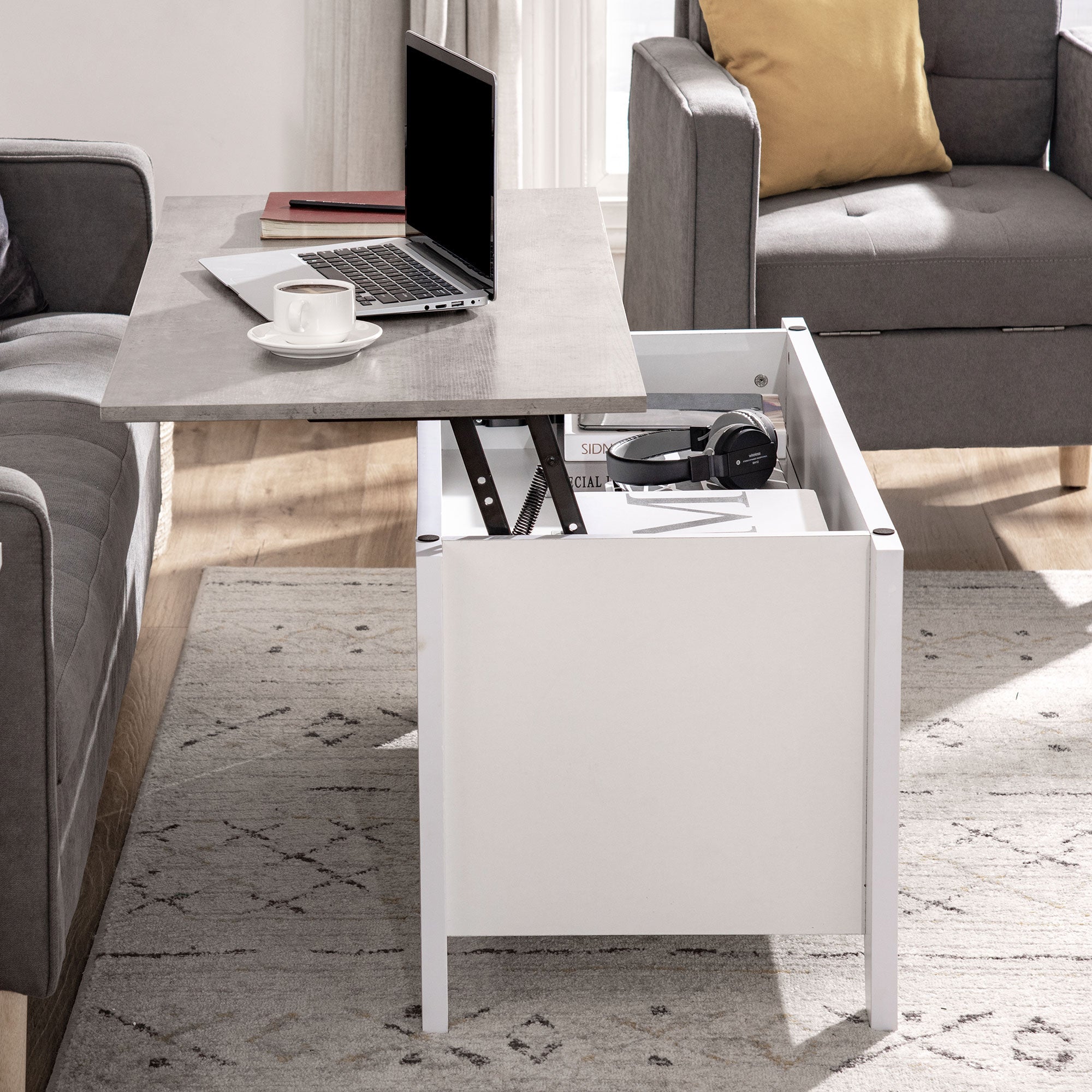 HOMCOM Lift Top Coffee Table with Hidden Storage Compartment and Open Shelves, Lift Tabletop Pop-Up Center Table for Living Room, White