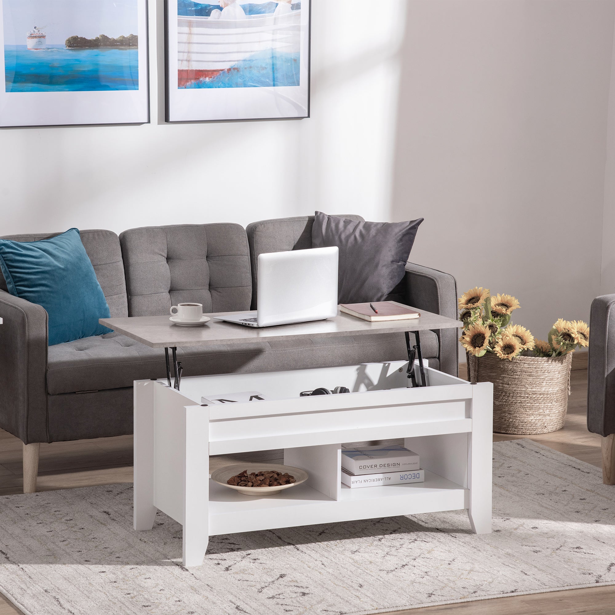 HOMCOM Lift Top Coffee Table with Hidden Storage Compartment and Open Shelves, Lift Tabletop Pop-Up Center Table for Living Room, White