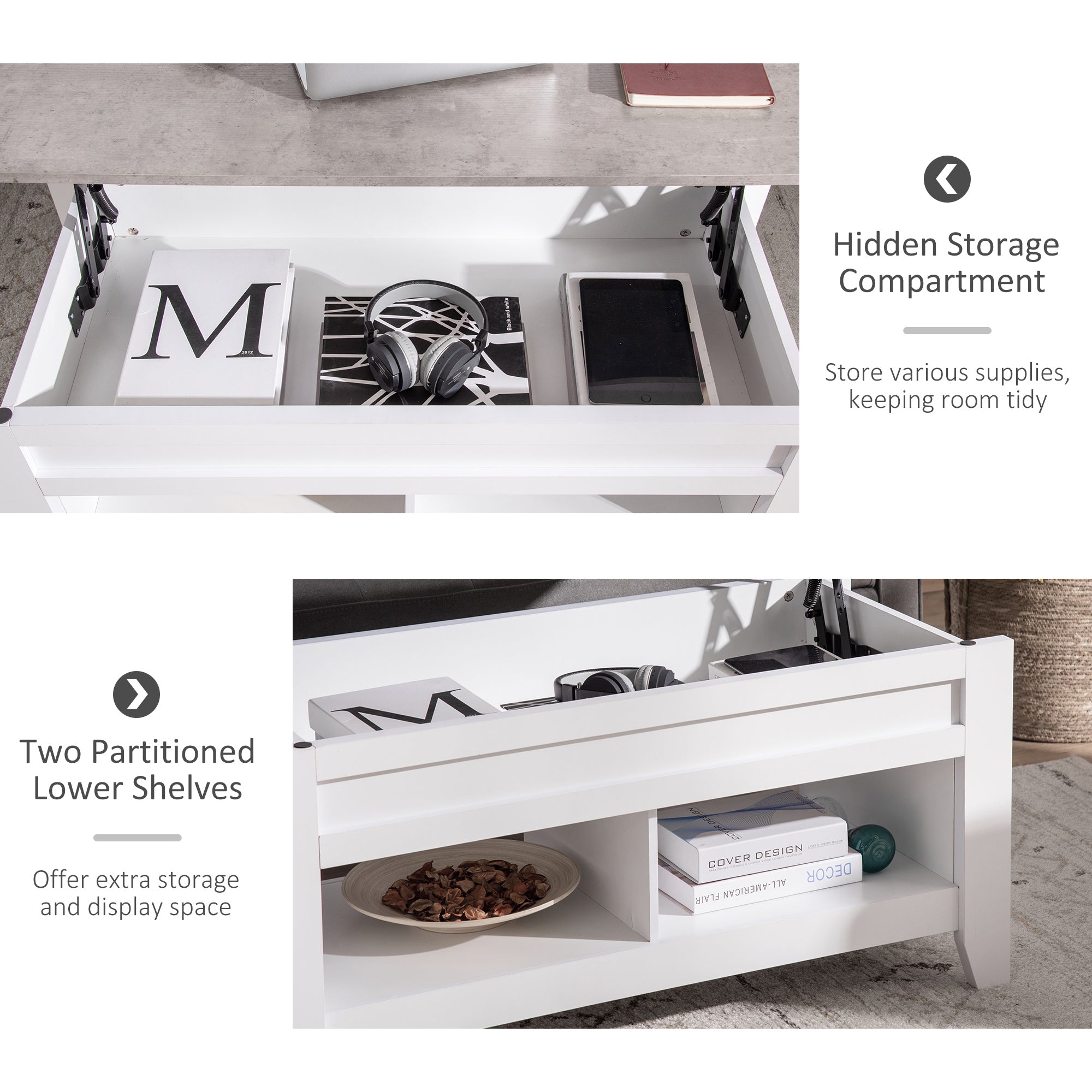 HOMCOM Lift Top Coffee Table with Hidden Storage Compartment and Open Shelves, Lift Tabletop Pop-Up Center Table for Living Room, White