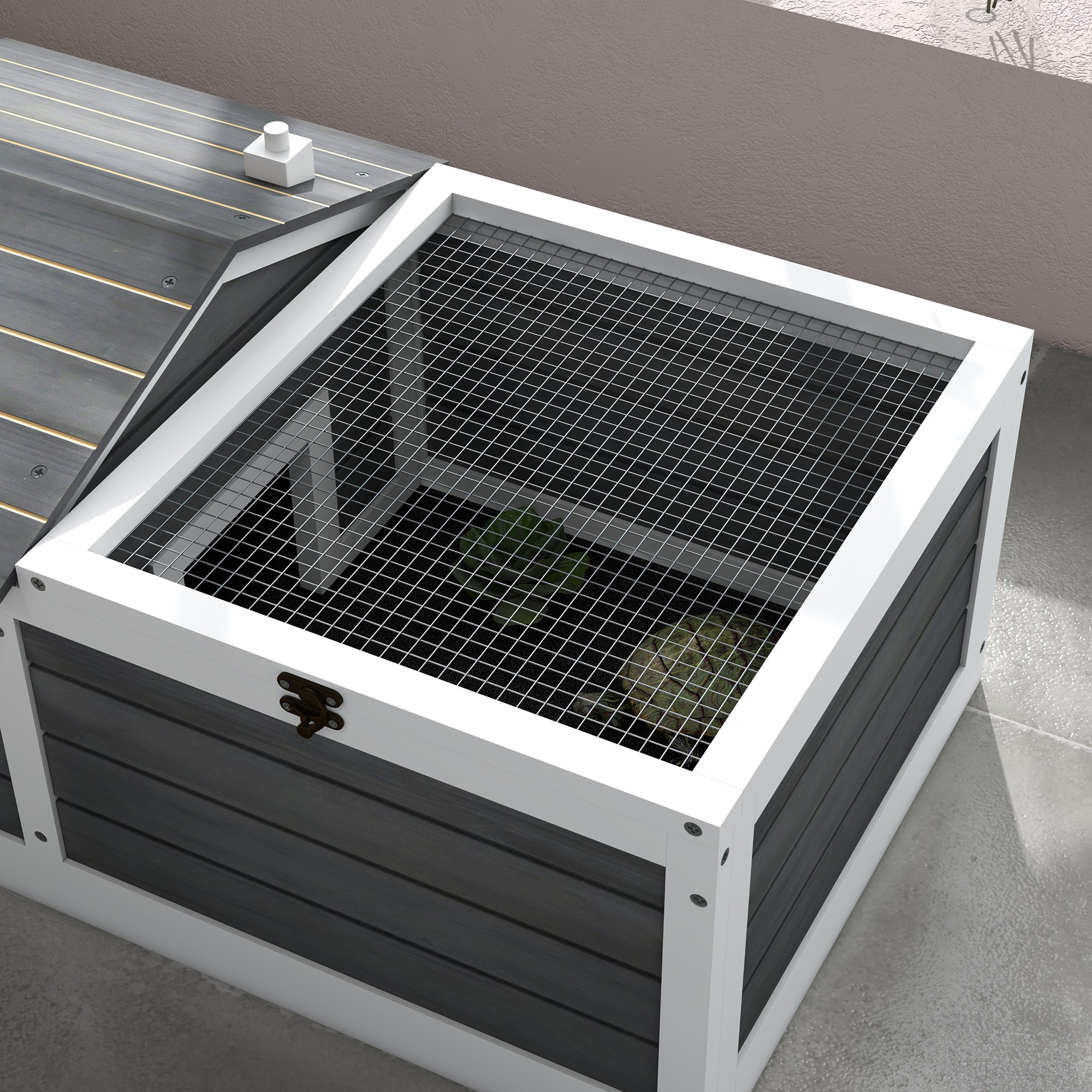 PawHut Wooden Tortoise House, Tortoise Table with Hide Shelter Run, Openable Top, Tray, Dark Grey