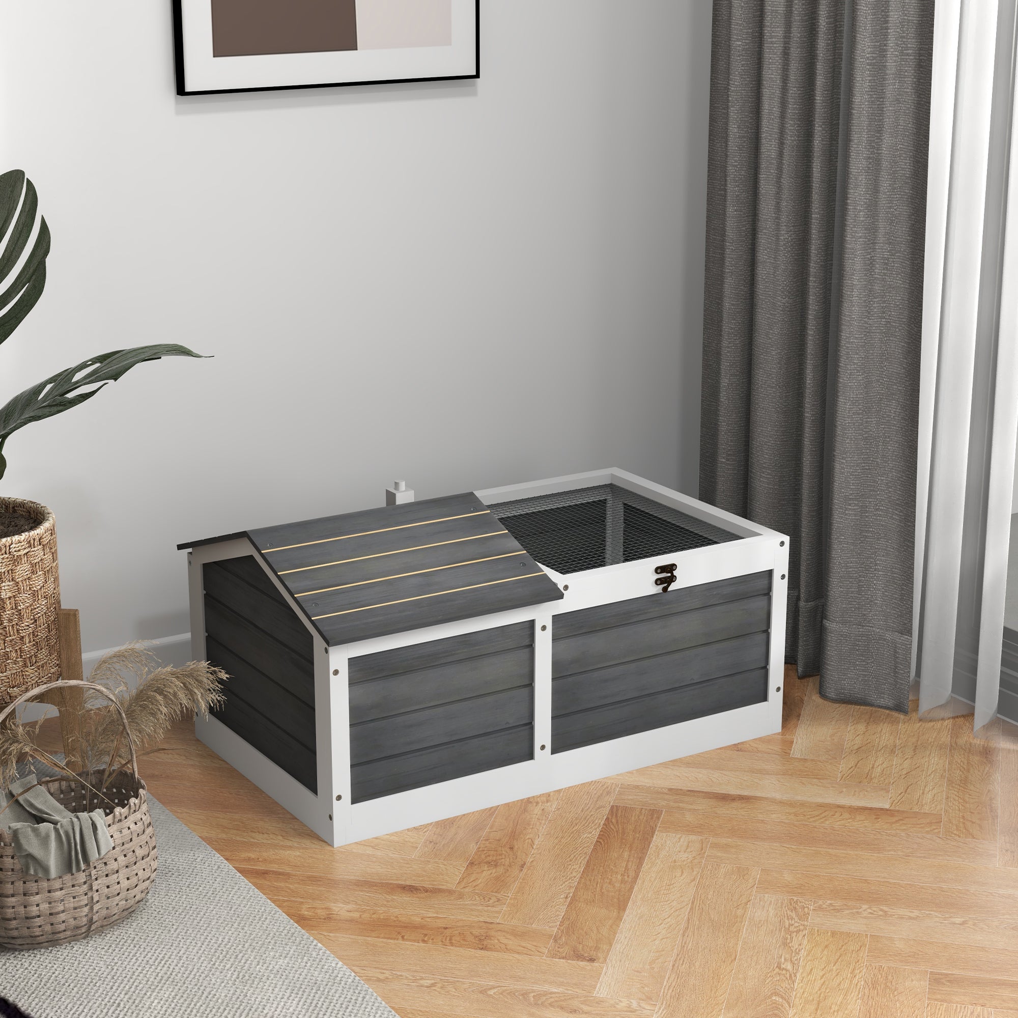 PawHut Wooden Tortoise House, Tortoise Table with Hide Shelter Run, Openable Top, Tray, Dark Grey