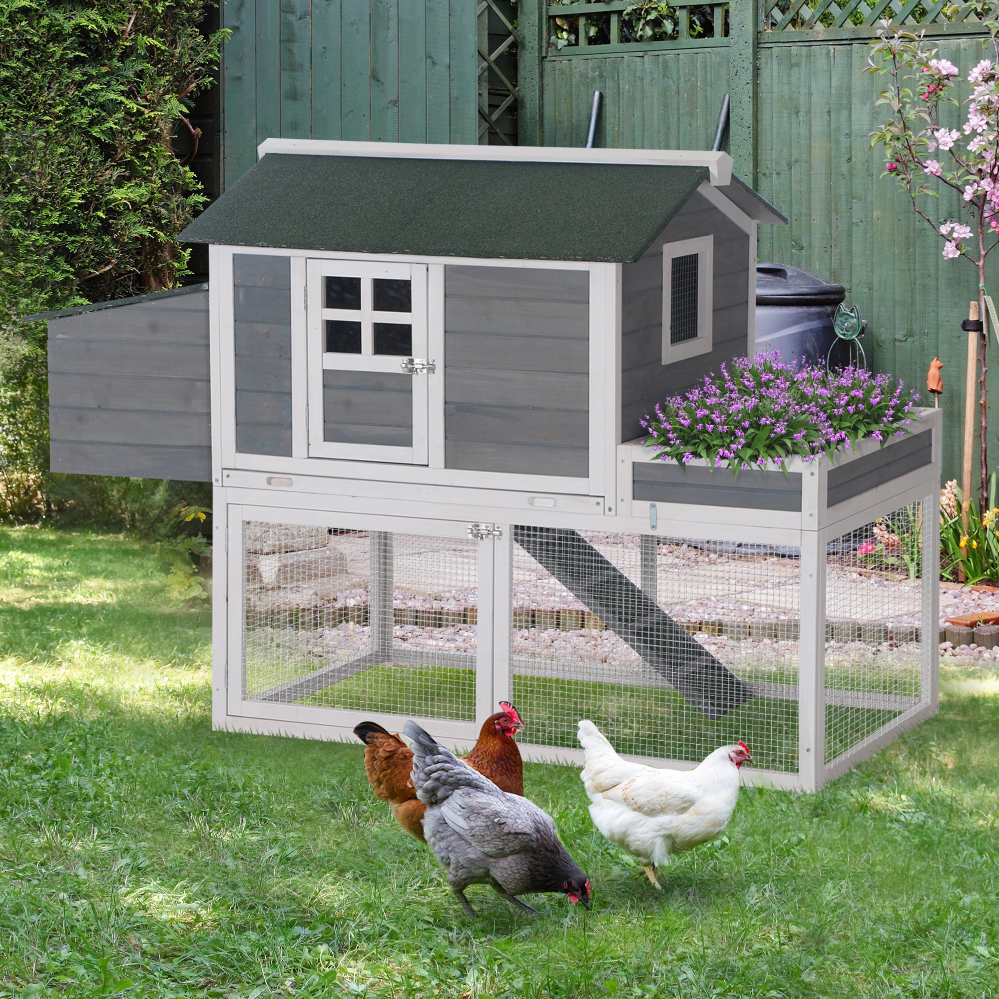 PawHut 63" Chicken Coop Wooden Hen House Rabbit Hutch Poultry Cage Pen Outdoor Backyard With Garden Box, Run Area, Nesting Box Grey