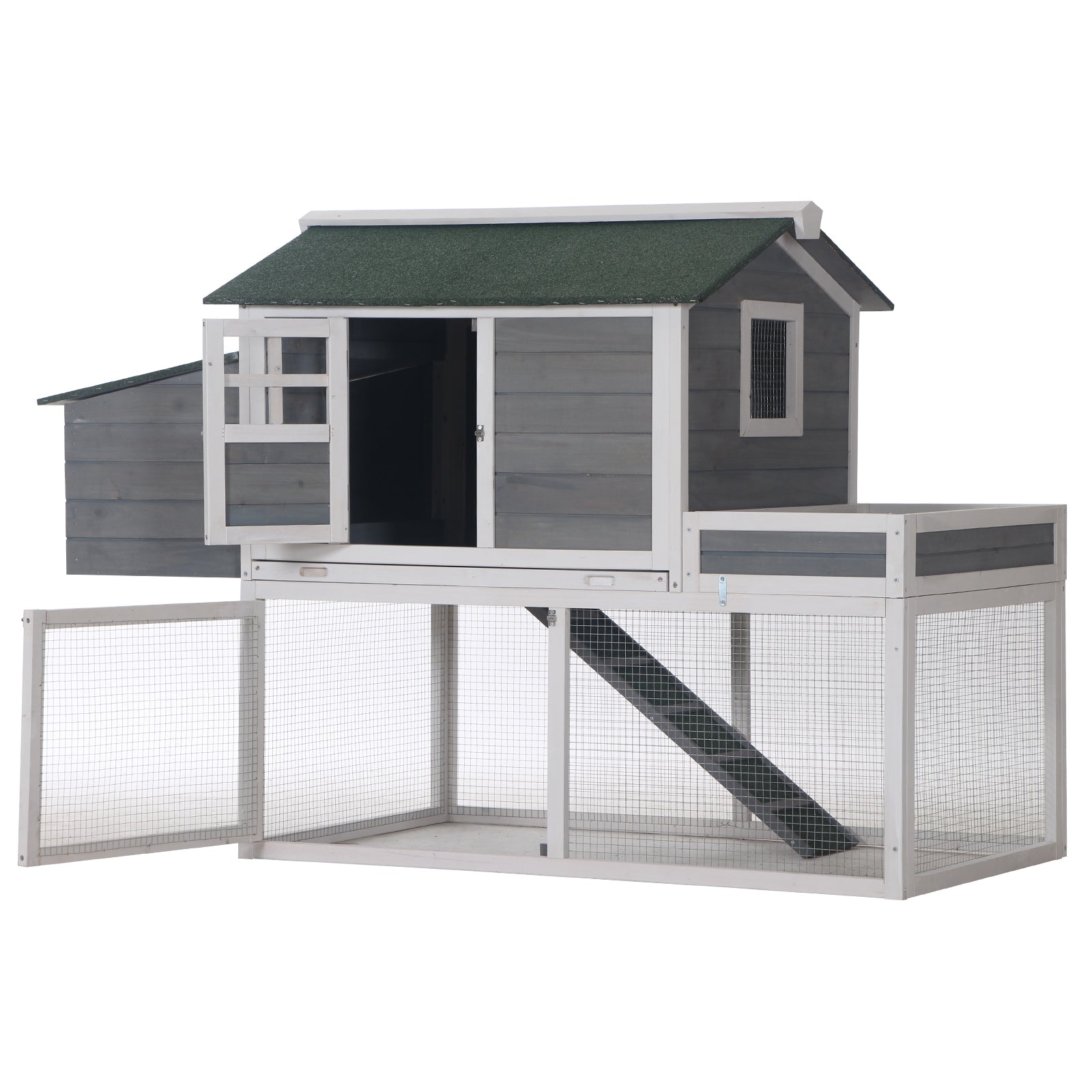 PawHut 63" Chicken Coop Wooden Hen House Rabbit Hutch Poultry Cage Pen Outdoor Backyard With Garden Box, Run Area, Nesting Box Grey