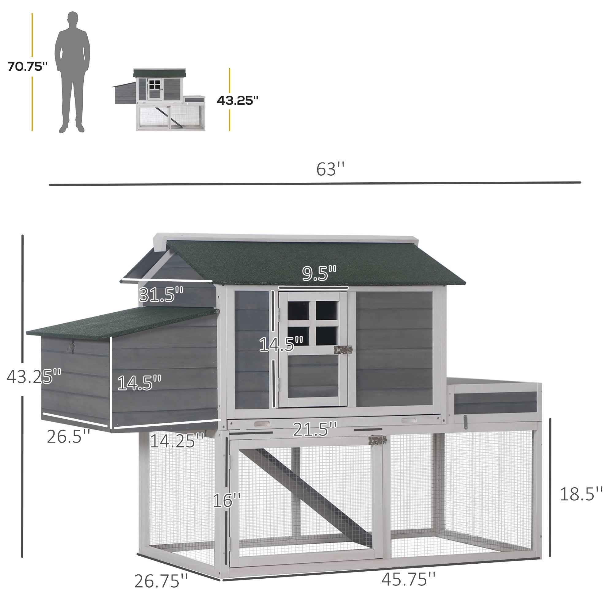 PawHut 63" Chicken Coop Wooden Hen House Rabbit Hutch Poultry Cage Pen Outdoor Backyard With Garden Box, Run Area, Nesting Box Grey