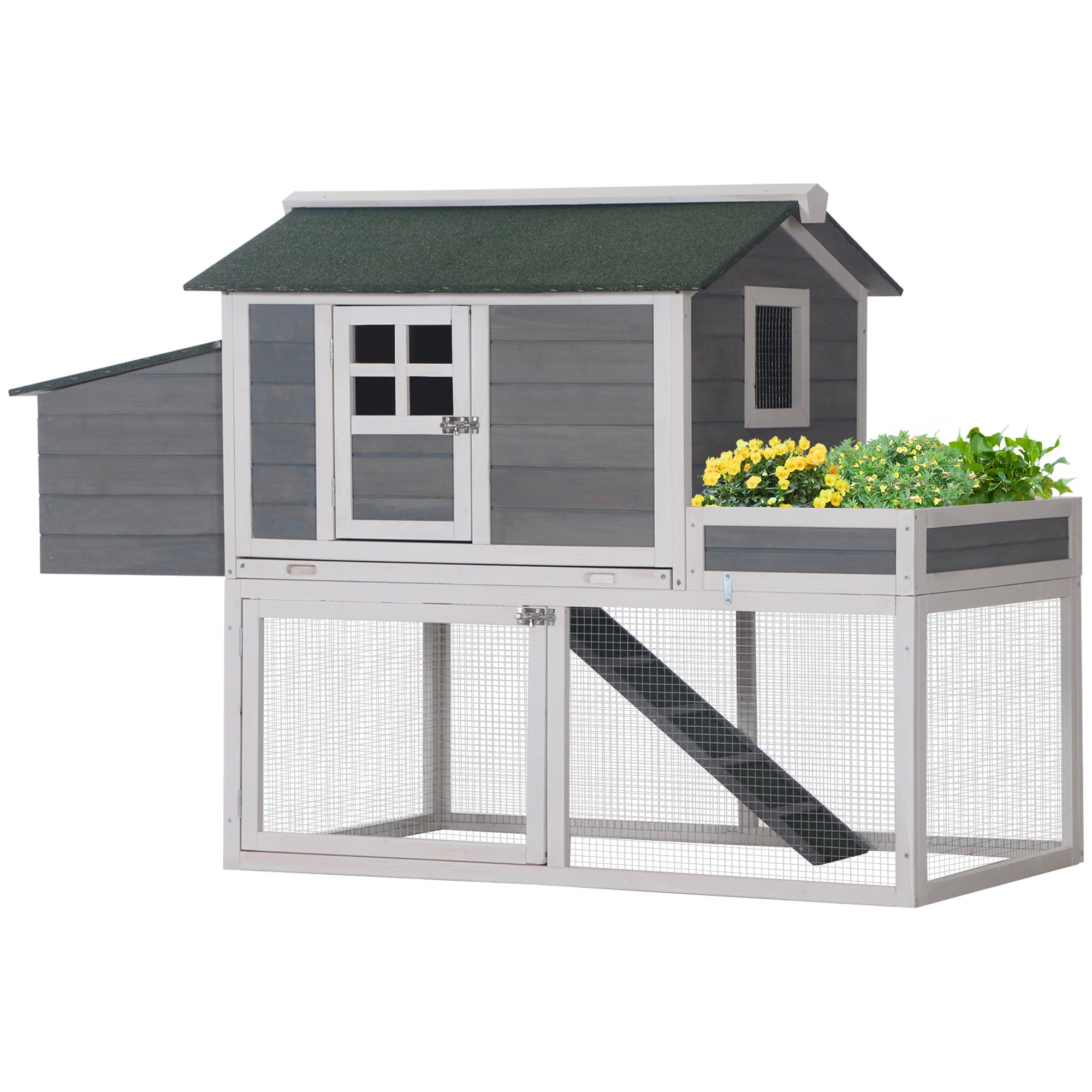 PawHut 63" Chicken Coop Wooden Hen House Rabbit Hutch Poultry Cage Pen Outdoor Backyard With Garden Box, Run Area, Nesting Box Grey