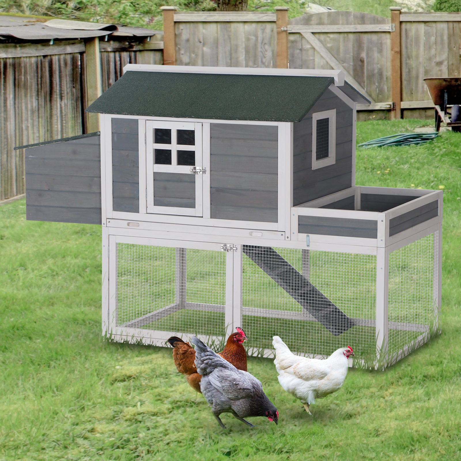 PawHut 63" Chicken Coop Wooden Hen House Rabbit Hutch Poultry Cage Pen Outdoor Backyard With Garden Box, Run Area, Nesting Box Grey