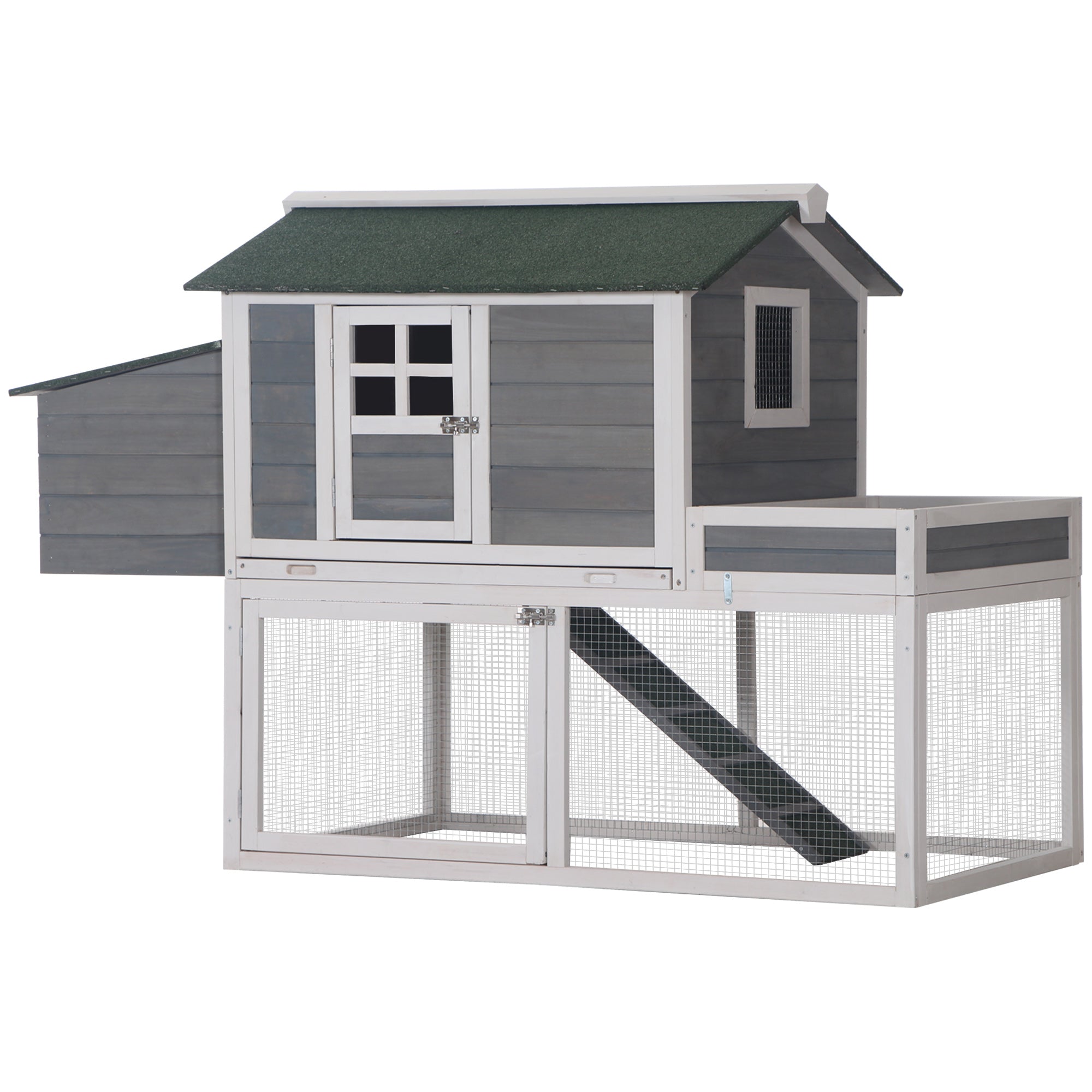PawHut 63" Chicken Coop Wooden Hen House Rabbit Hutch Poultry Cage Pen Outdoor Backyard With Garden Box, Run Area, Nesting Box Grey