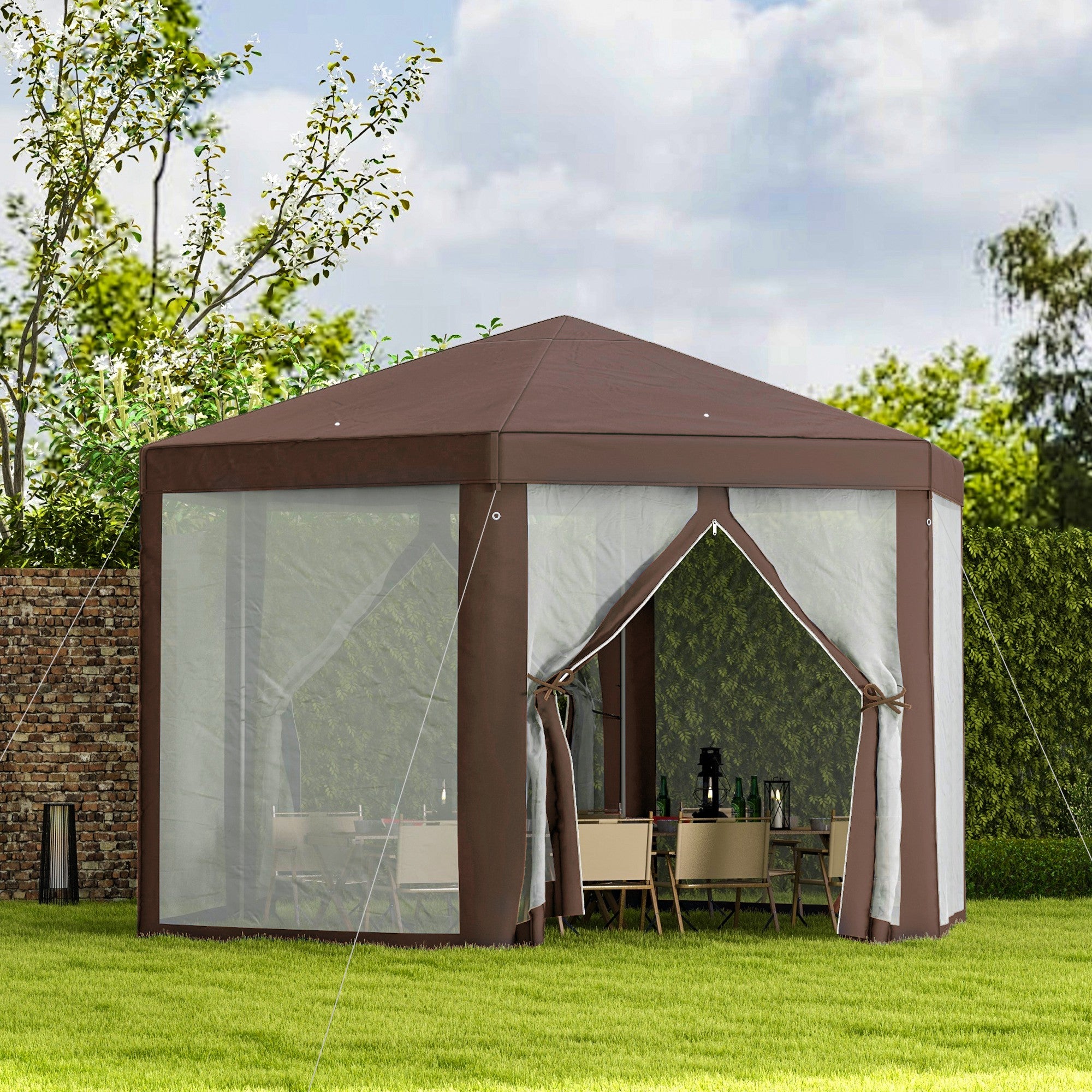 Outsunny 13' x 11' Hexagonal Party Tent, Canopy Tent with Nettings, Zipped Doors for Garden, Patio, Outdoor, Brown