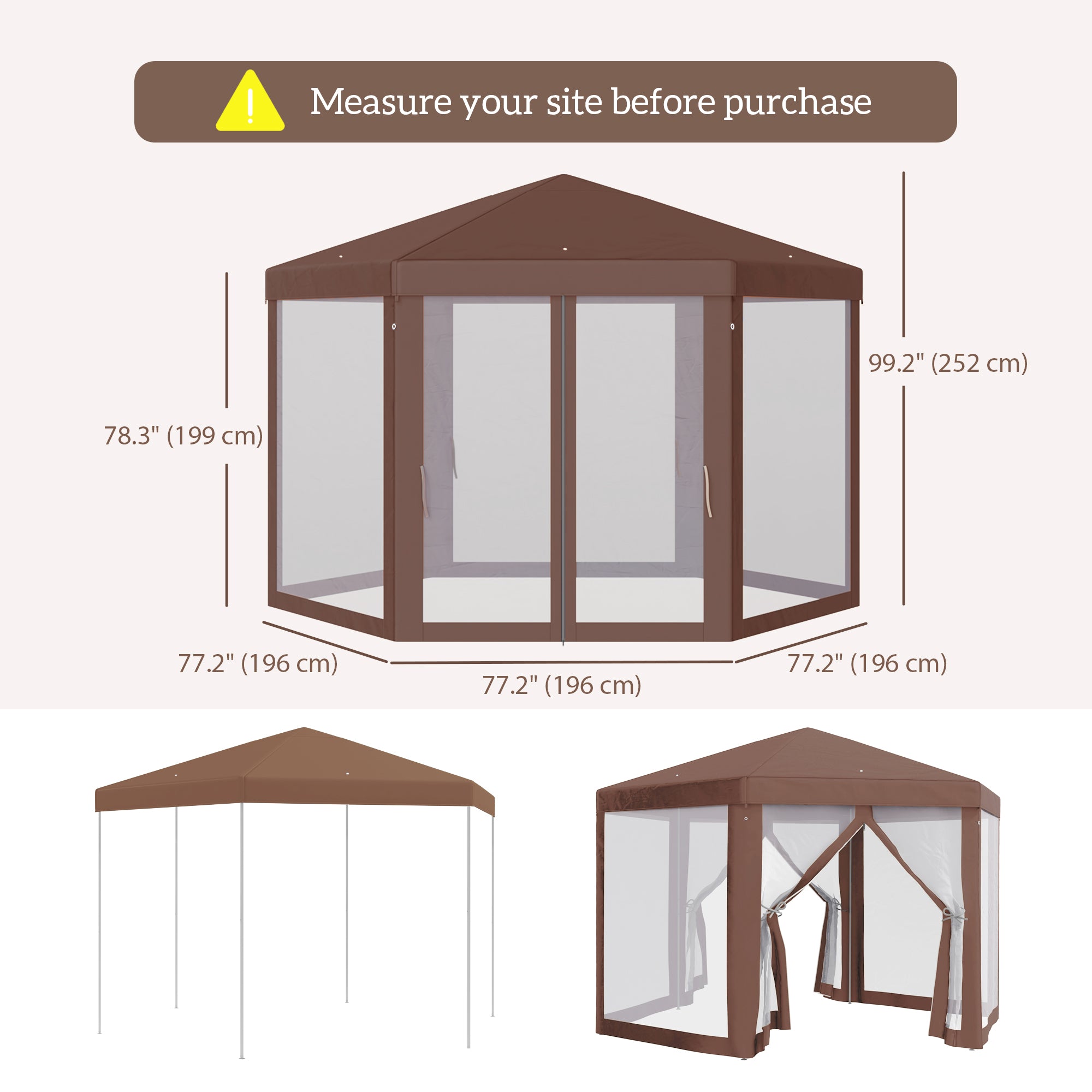 Outsunny 13' x 11' Hexagonal Party Tent, Canopy Tent with Nettings, Zipped Doors for Garden, Patio, Outdoor, Brown