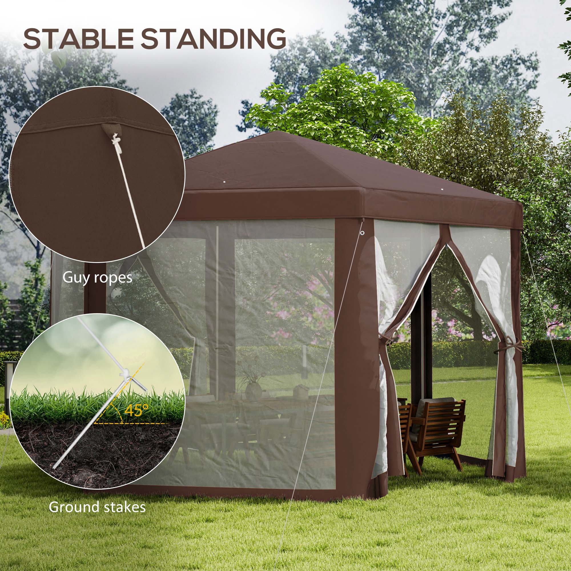 Outsunny 13' x 11' Hexagonal Party Tent, Canopy Tent with Nettings, Zipped Doors for Garden, Patio, Outdoor, Brown