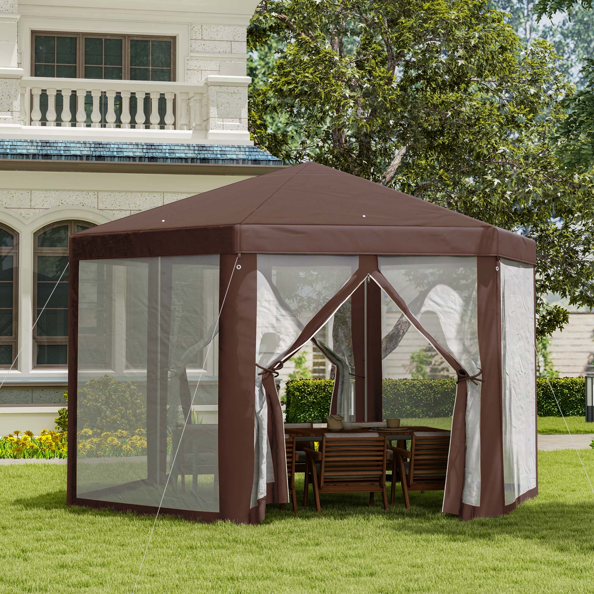 Outsunny 13' x 11' Hexagonal Party Tent, Canopy Tent with Nettings, Zipped Doors for Garden, Patio, Outdoor, Brown