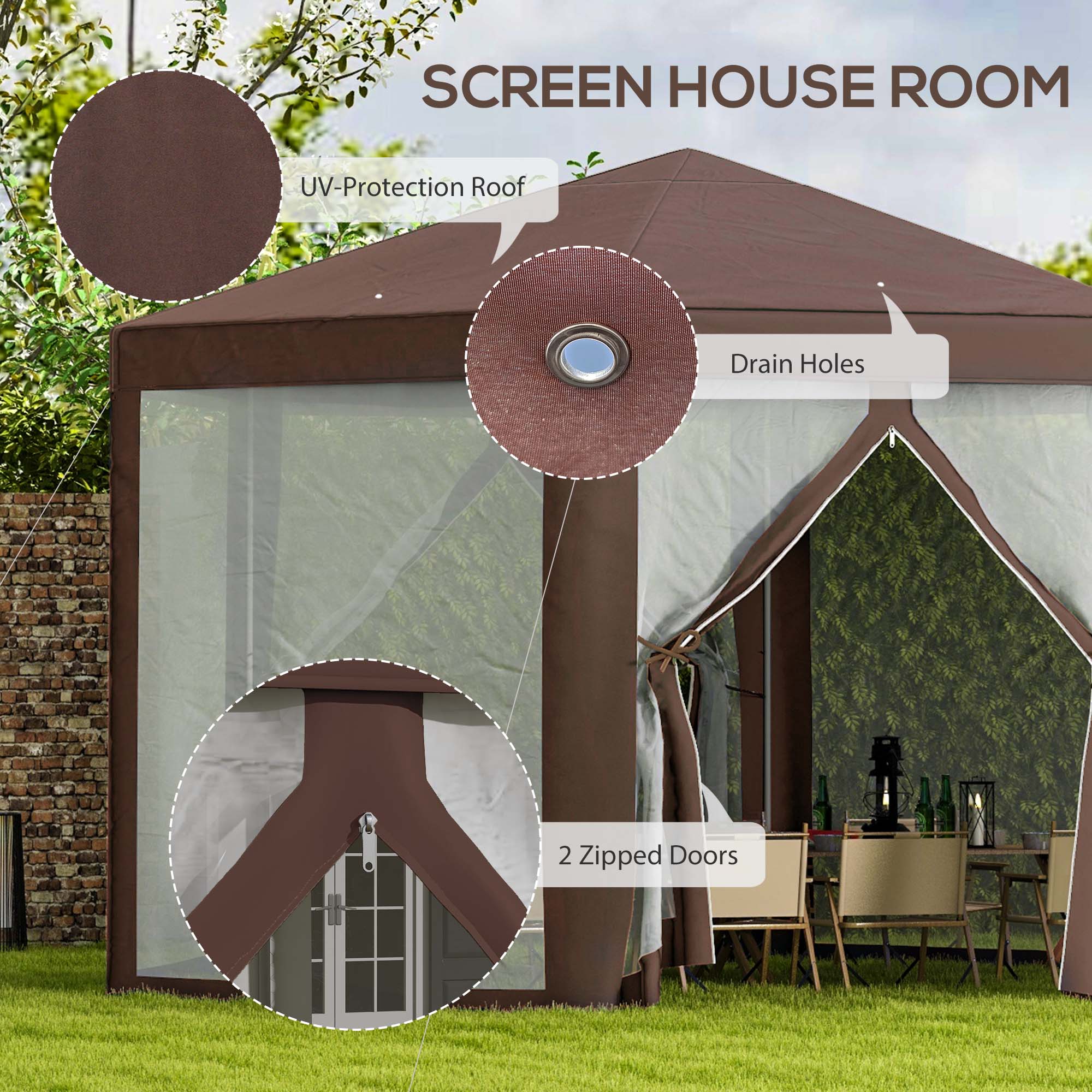 Outsunny 13' x 11' Hexagonal Party Tent, Canopy Tent with Nettings, Zipped Doors for Garden, Patio, Outdoor, Brown
