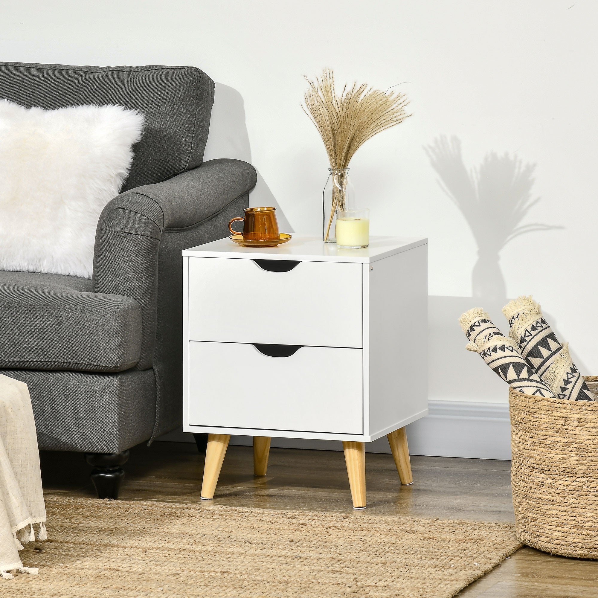 HOMCOM Bedside Table, Bedside Cabinet with 2 Drawers, Side End Table with Pine Wood Legs for Bedroom Living Room, White