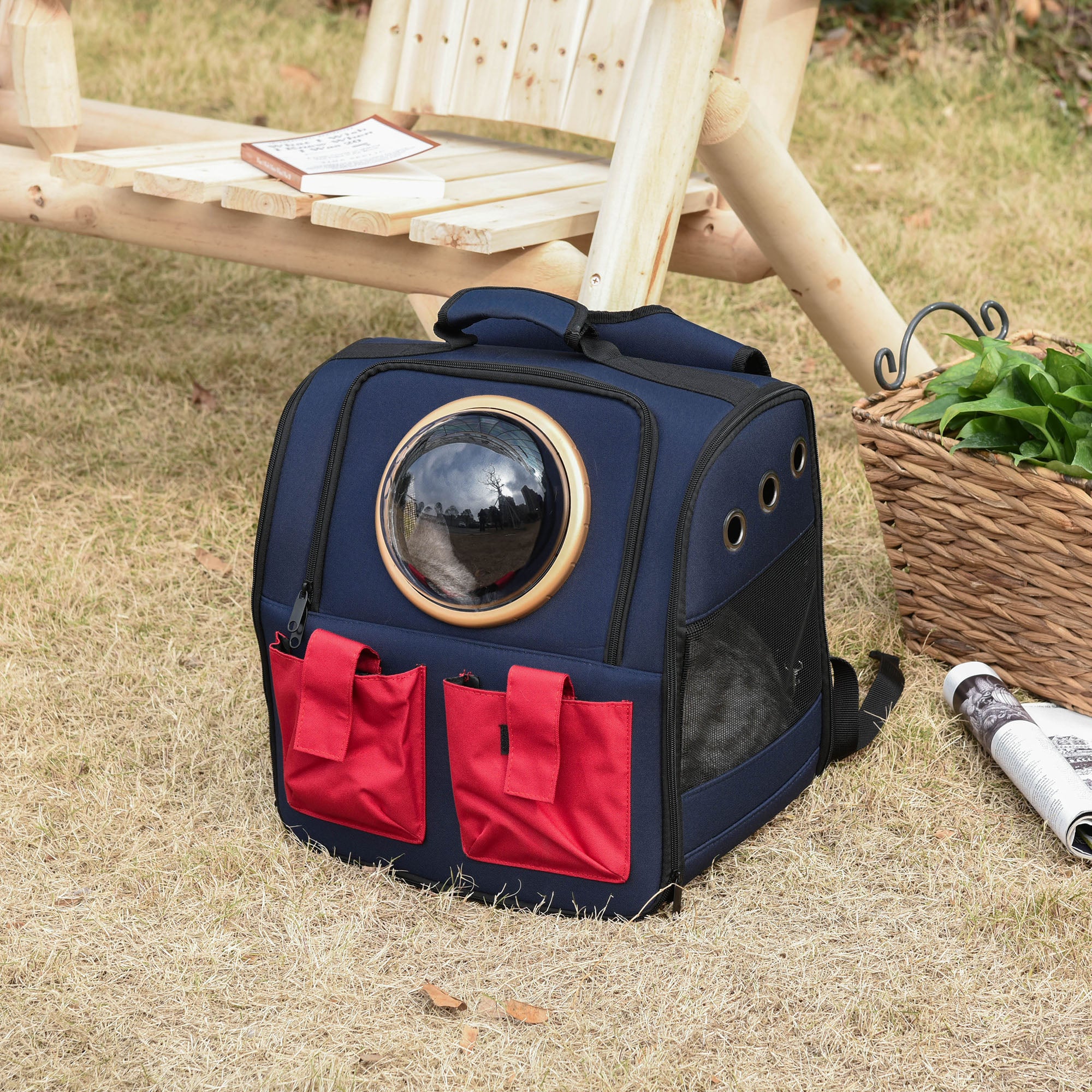 PawHut Foldable Pet Carrier Backpack with Two Storage Packets, Breathable Mesh, Transparent Window & Adjustable Shoulder Strap for Small Cats & Dogs Travel Hiking, Blue
