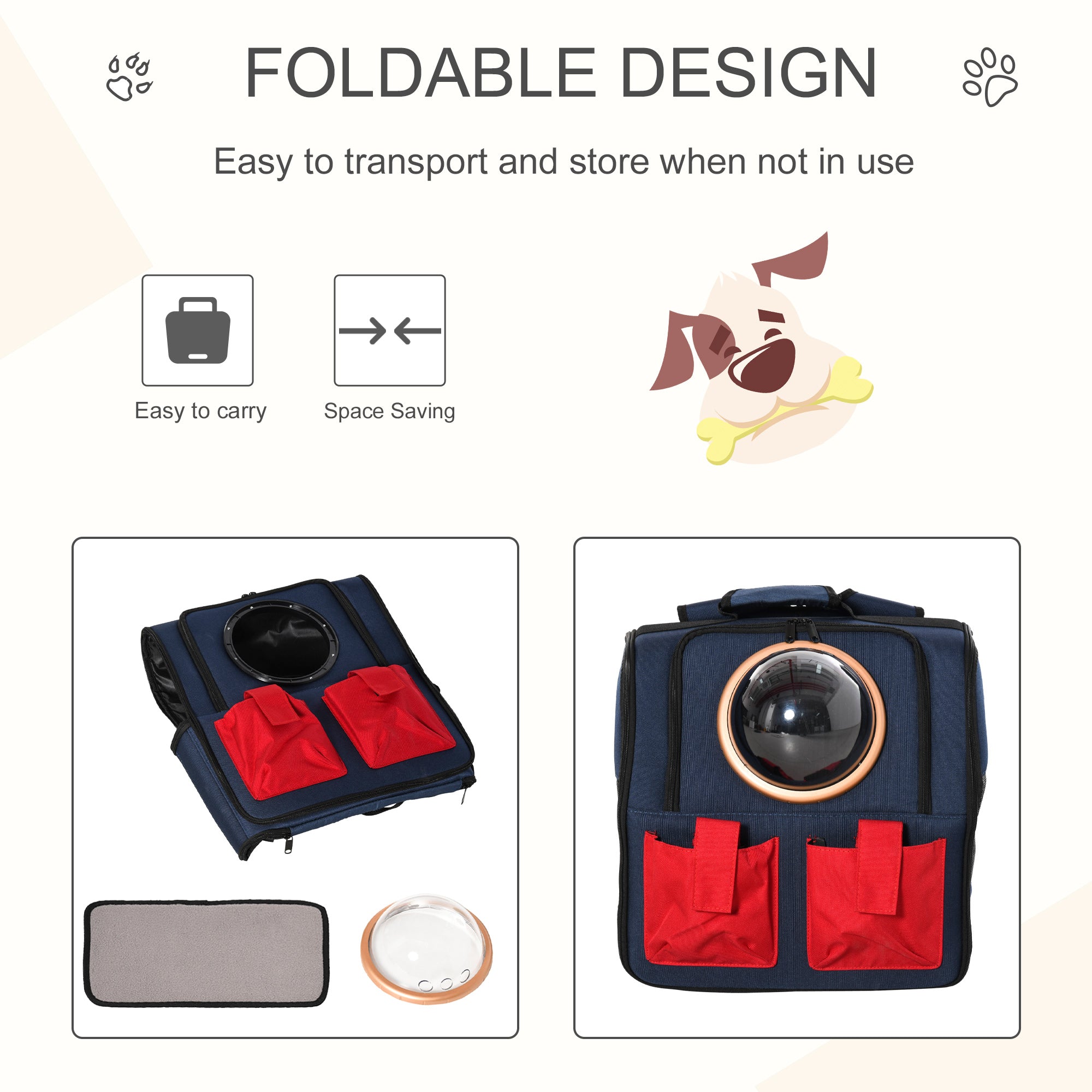 PawHut Foldable Pet Carrier Backpack with Two Storage Packets, Breathable Mesh, Transparent Window & Adjustable Shoulder Strap for Small Cats & Dogs Travel Hiking, Blue