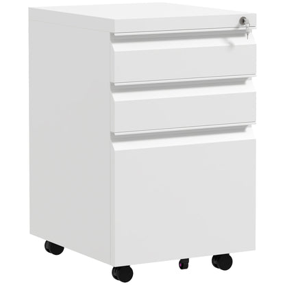 Vinsetto 3 Drawer Vertical File Cabinet with Lock, Steel Filing Cabinet with Wheels and Hanging Bar for A4 Legal and Letter Size Files, Printer Stand with Pre-Assembled Body, White
