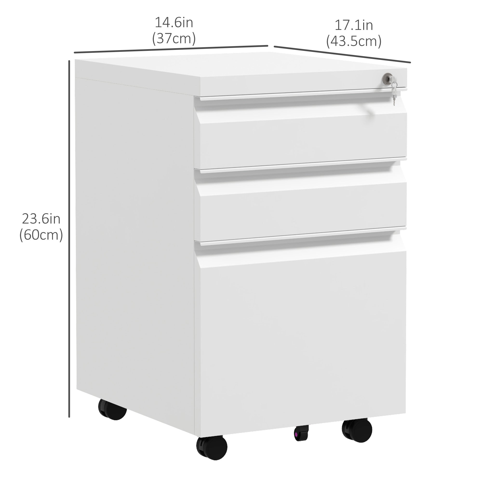 Vinsetto 3 Drawer Vertical File Cabinet with Lock, Steel Filing Cabinet with Wheels and Hanging Bar for A4 Legal and Letter Size Files, Printer Stand with Pre-Assembled Body, White