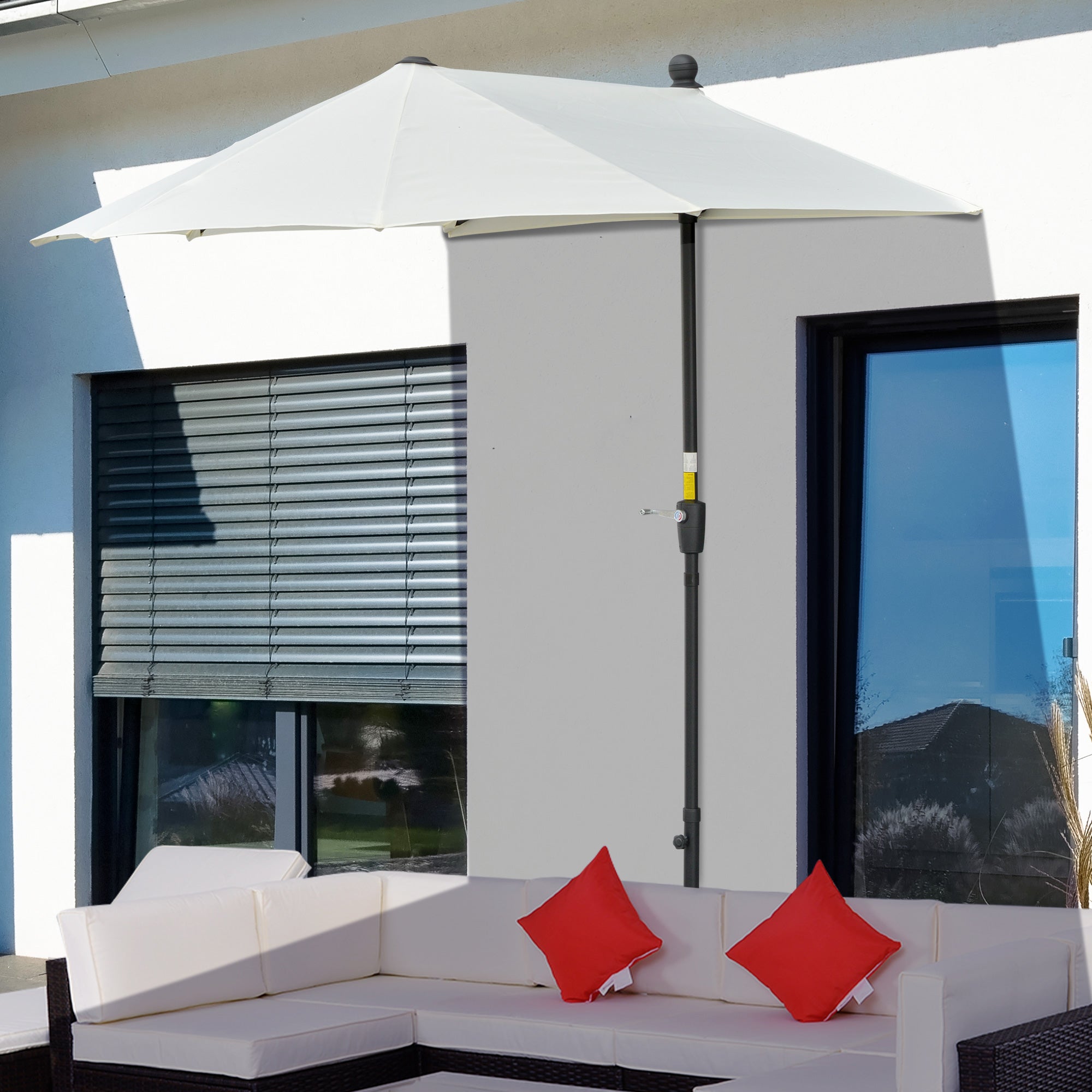 Outsunny 6.6 x 6ft Patio Umbrella with Double-Sided Canopy, Outdoor Market Half Parasol Sun Shade with Crank Handle and Cross Base for Garden, Balcony, Cream White
