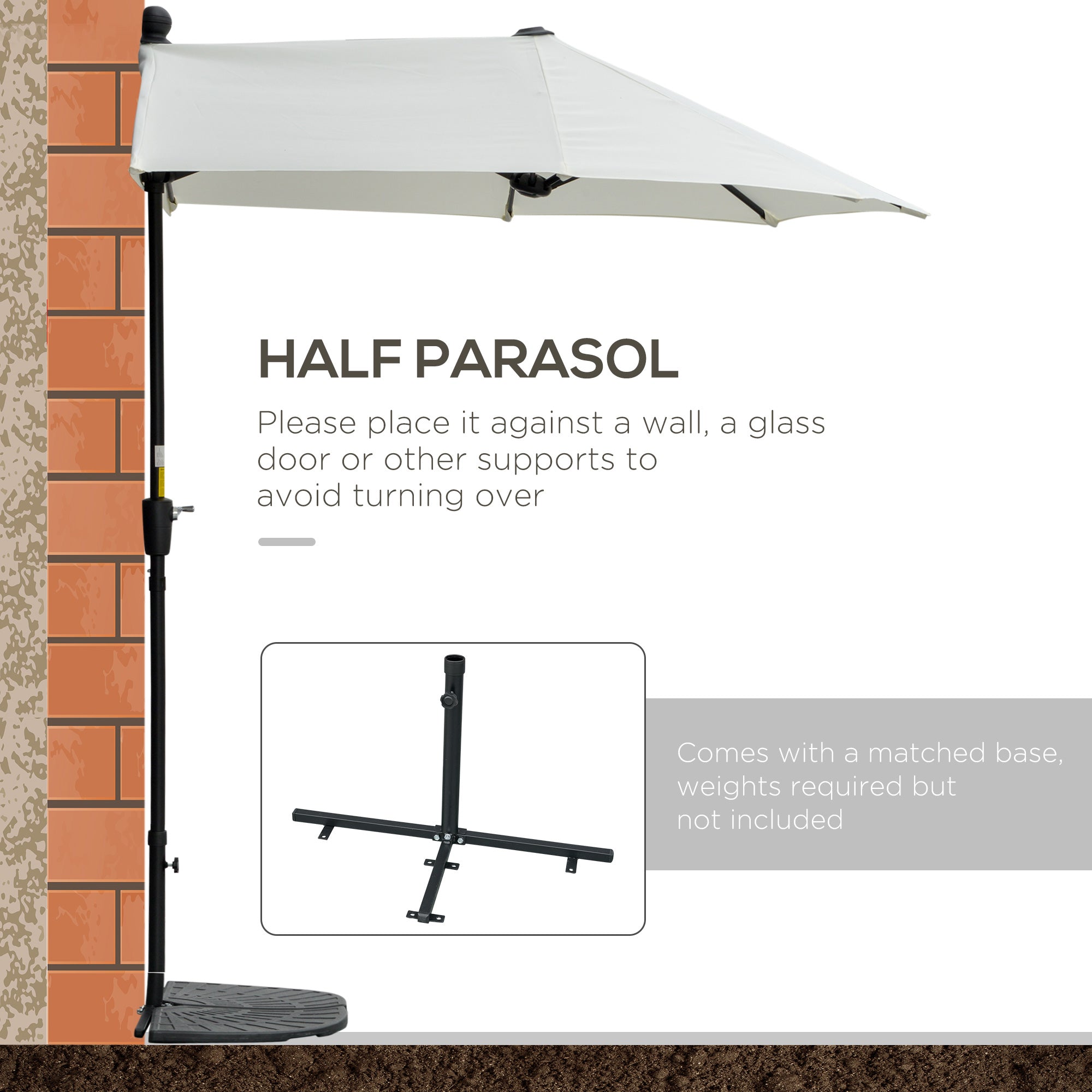 Outsunny 6.6 x 6ft Patio Umbrella with Double-Sided Canopy, Outdoor Market Half Parasol Sun Shade with Crank Handle and Cross Base for Garden, Balcony, Cream White