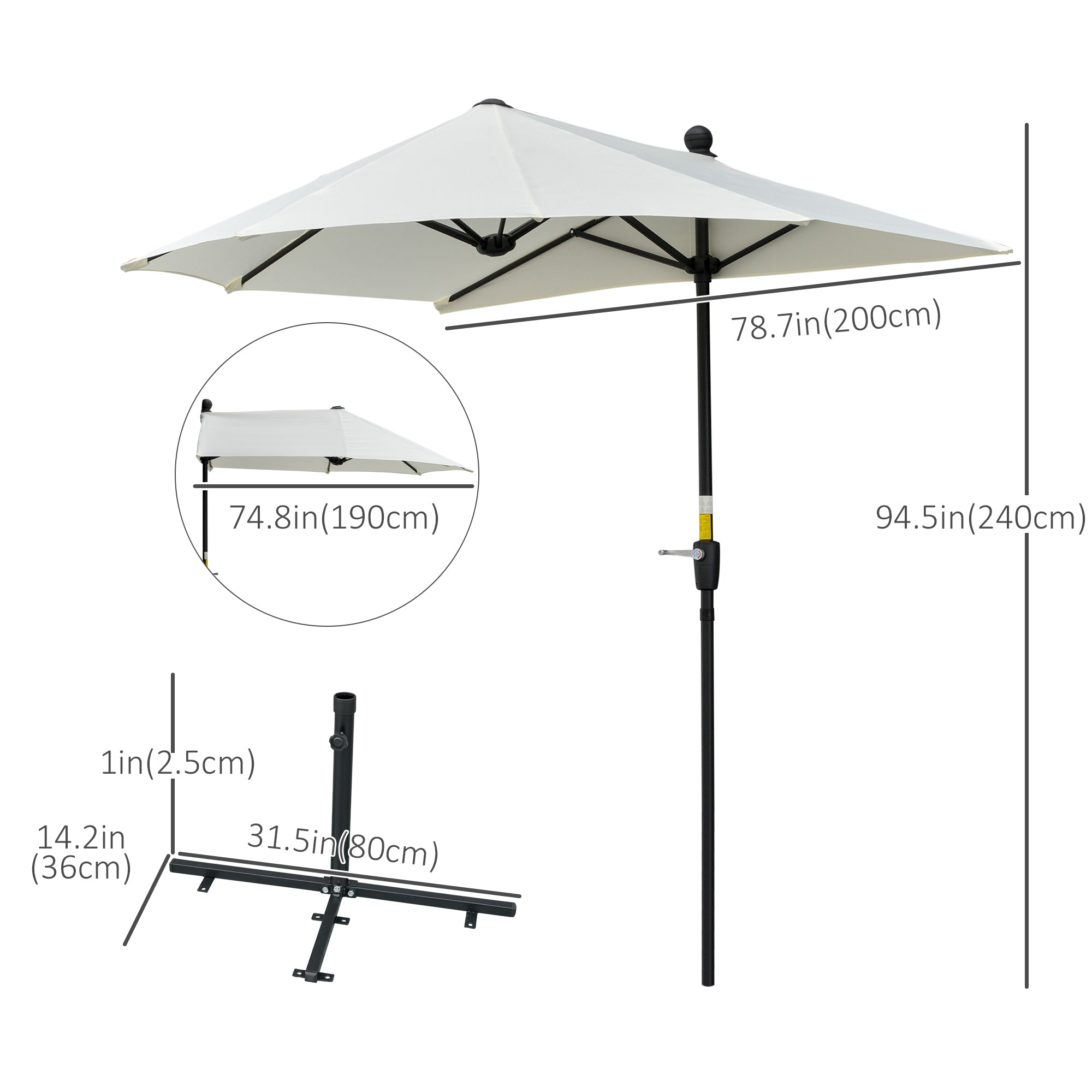 Outsunny 6.6 x 6ft Patio Umbrella with Double-Sided Canopy, Outdoor Market Half Parasol Sun Shade with Crank Handle and Cross Base for Garden, Balcony, Cream White