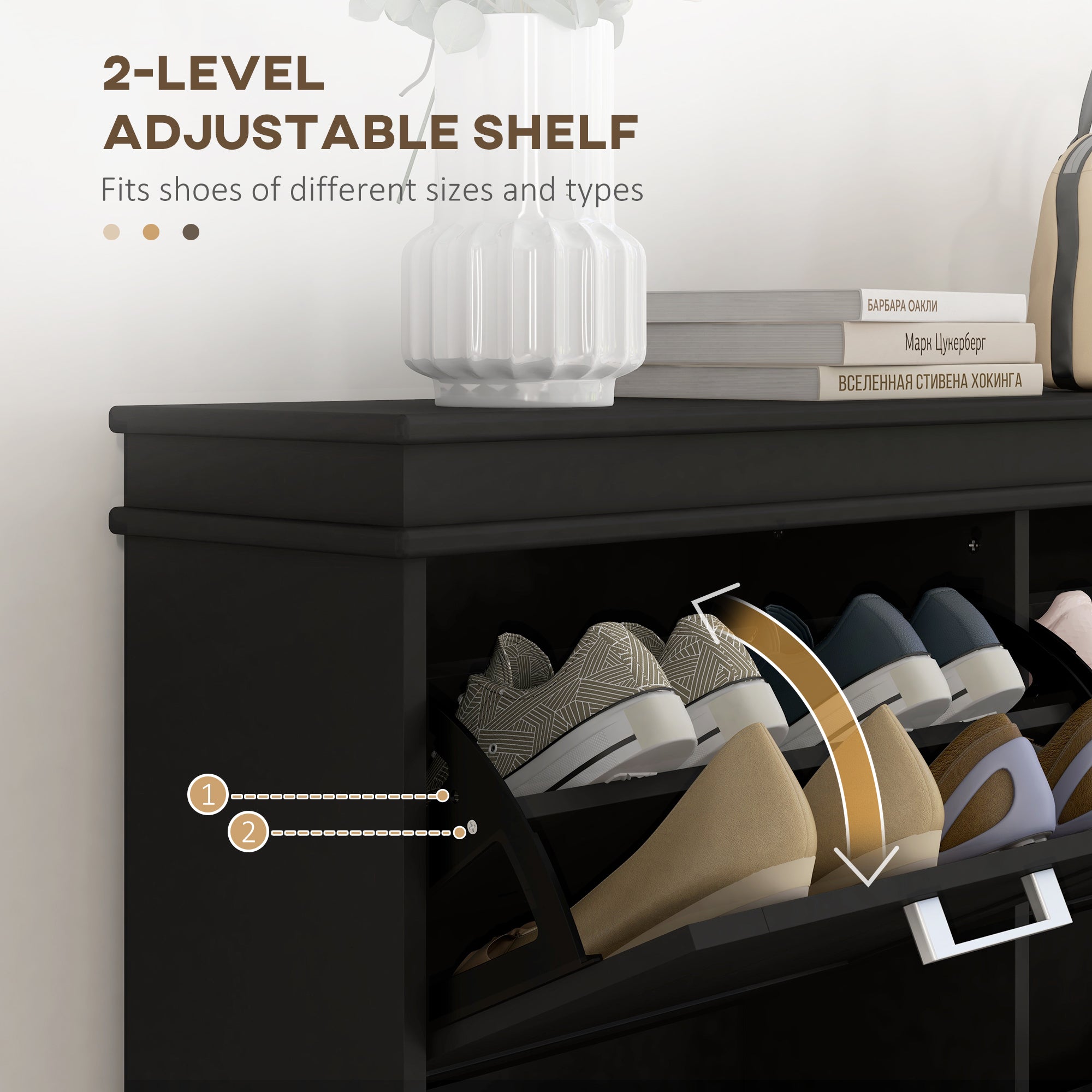 HOMCOM 4 Drawers Entryway Shoe Cabinet, Narrow Shoe Storage Cabinet with 4 Flip Drawers and Adjustable Shelves for 20 Pairs of Shoes, Black