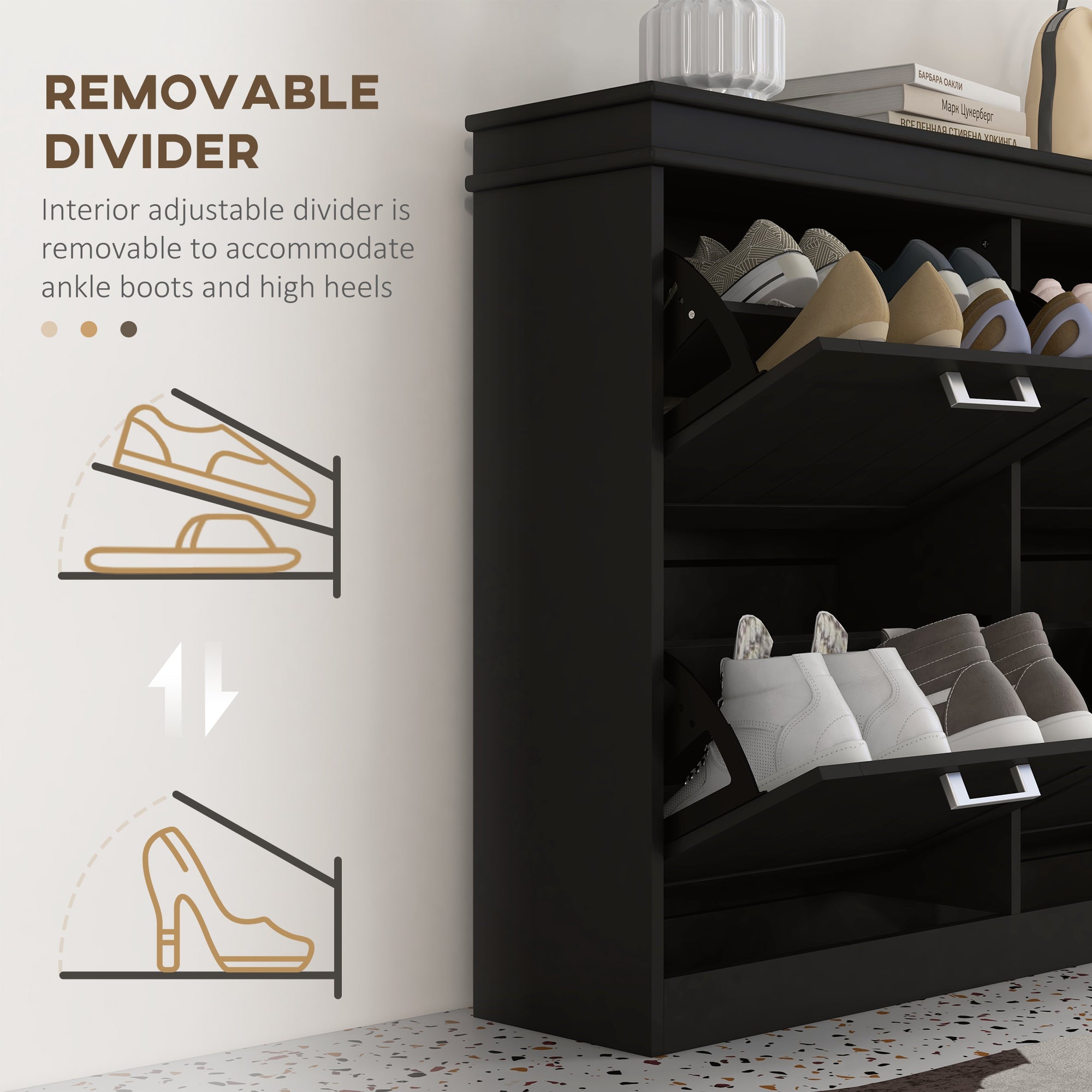 HOMCOM 4 Drawers Entryway Shoe Cabinet, Narrow Shoe Storage Cabinet with 4 Flip Drawers and Adjustable Shelves for 20 Pairs of Shoes, Black