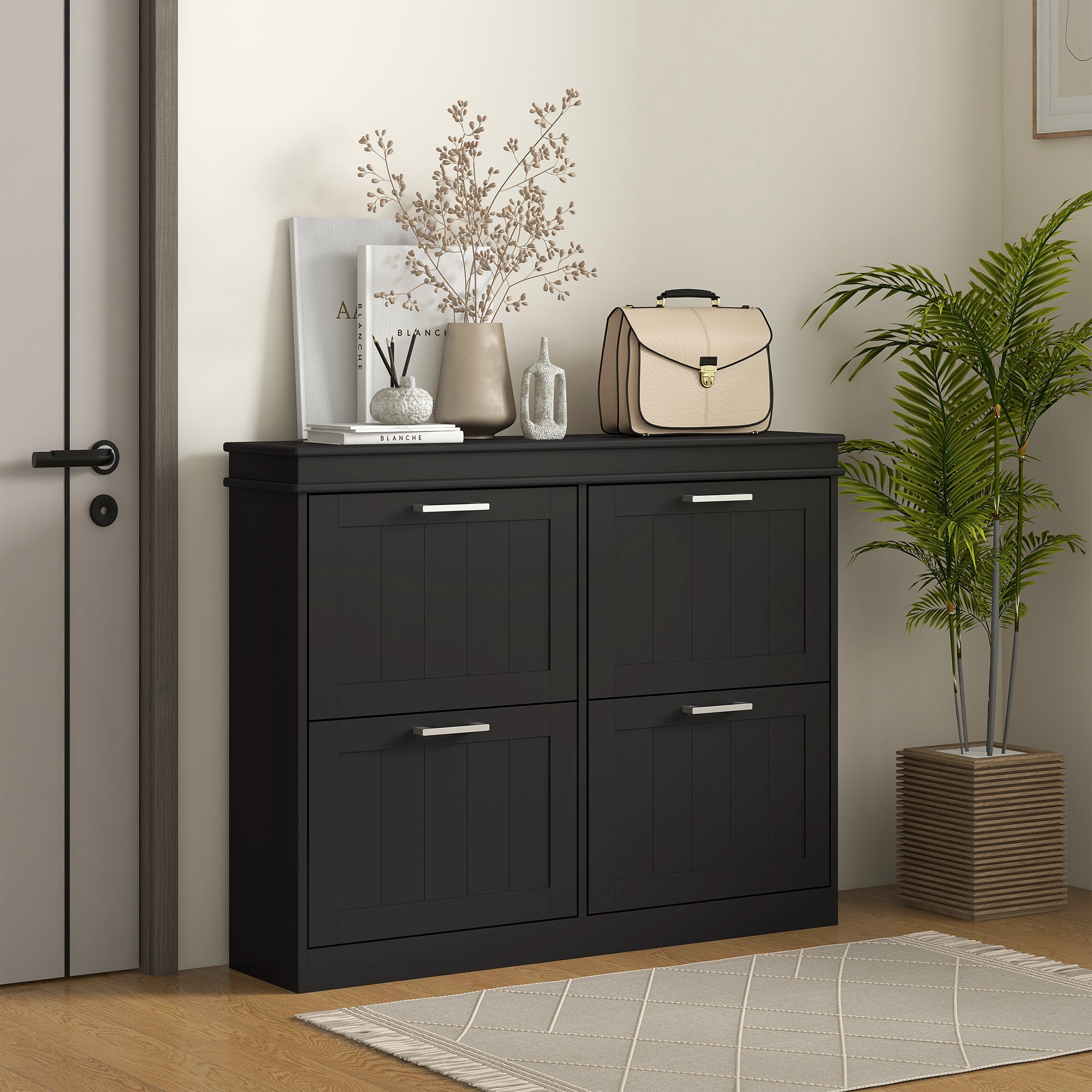 HOMCOM 4 Drawers Entryway Shoe Cabinet, Narrow Shoe Storage Cabinet with 4 Flip Drawers and Adjustable Shelves for 20 Pairs of Shoes, Black