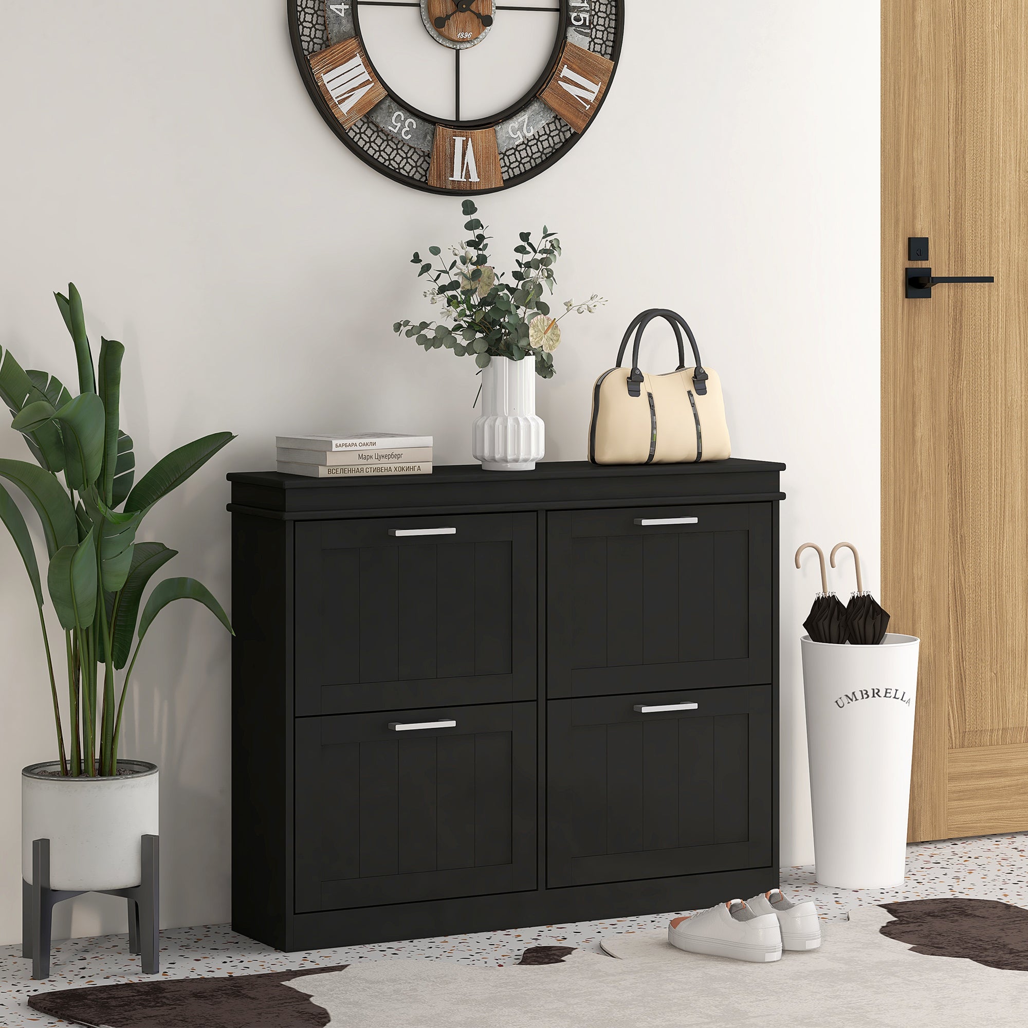 HOMCOM 4 Drawers Entryway Shoe Cabinet, Narrow Shoe Storage Cabinet with 4 Flip Drawers and Adjustable Shelves for 20 Pairs of Shoes, Black