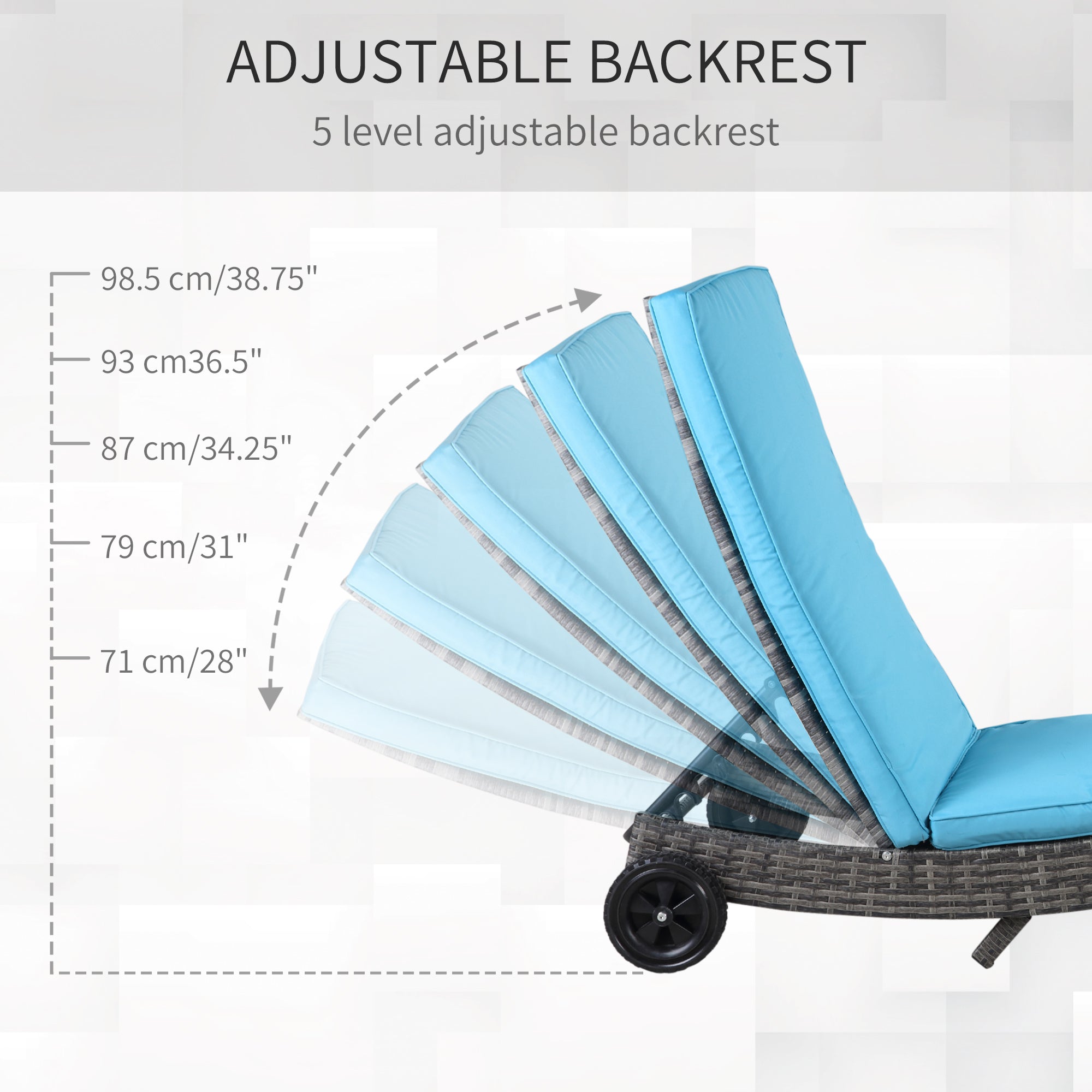 Outsunny Wicker Chaise Lounge, Outdoor Lounge Chair, 5-Level Adjustable Backrest S-Shape Rattan Lounger with Cushion & Wheels for Patio, Deck, Poolside, Sky Blue