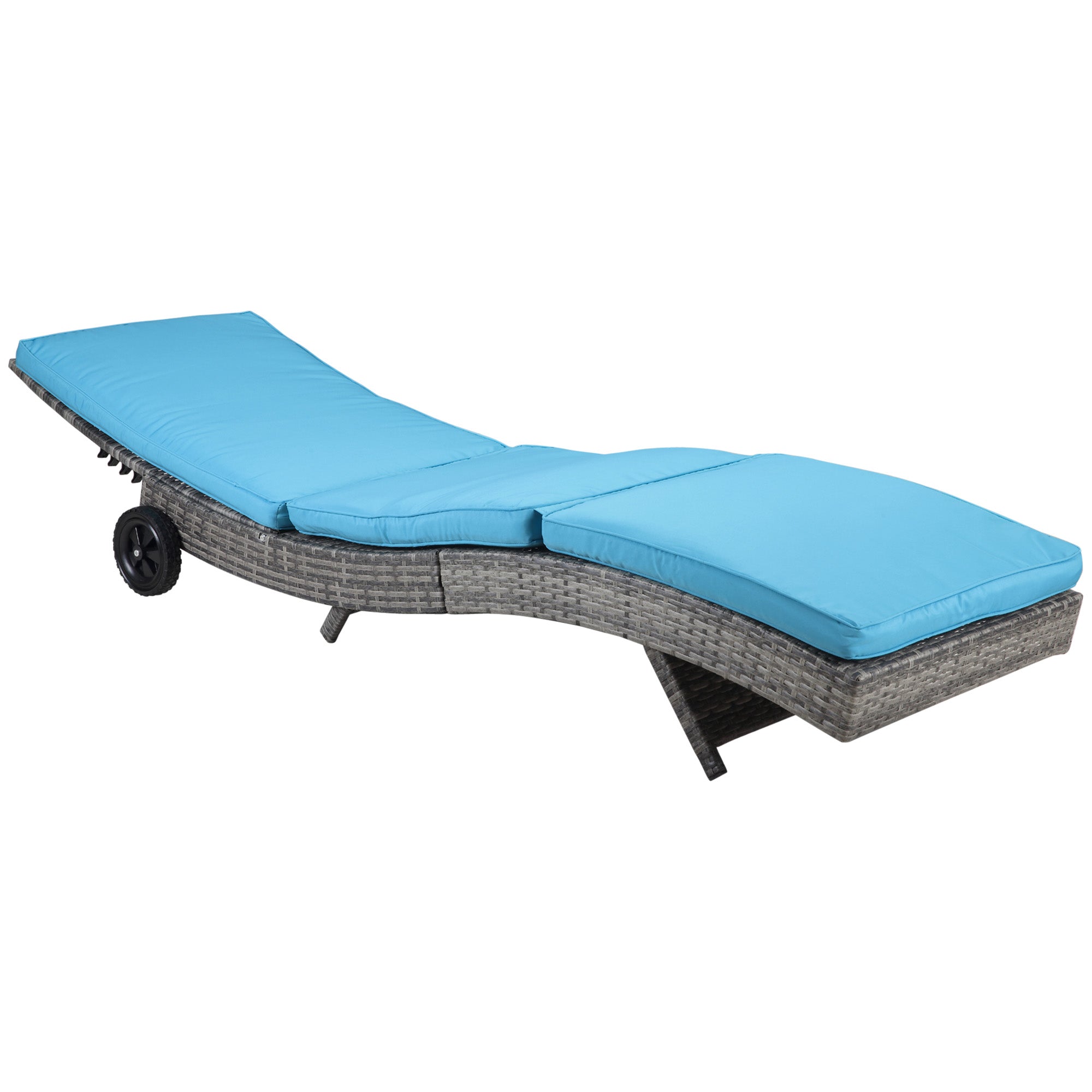 Outsunny Wicker Chaise Lounge, Outdoor Lounge Chair, 5-Level Adjustable Backrest S-Shape Rattan Lounger with Cushion & Wheels for Patio, Deck, Poolside, Sky Blue