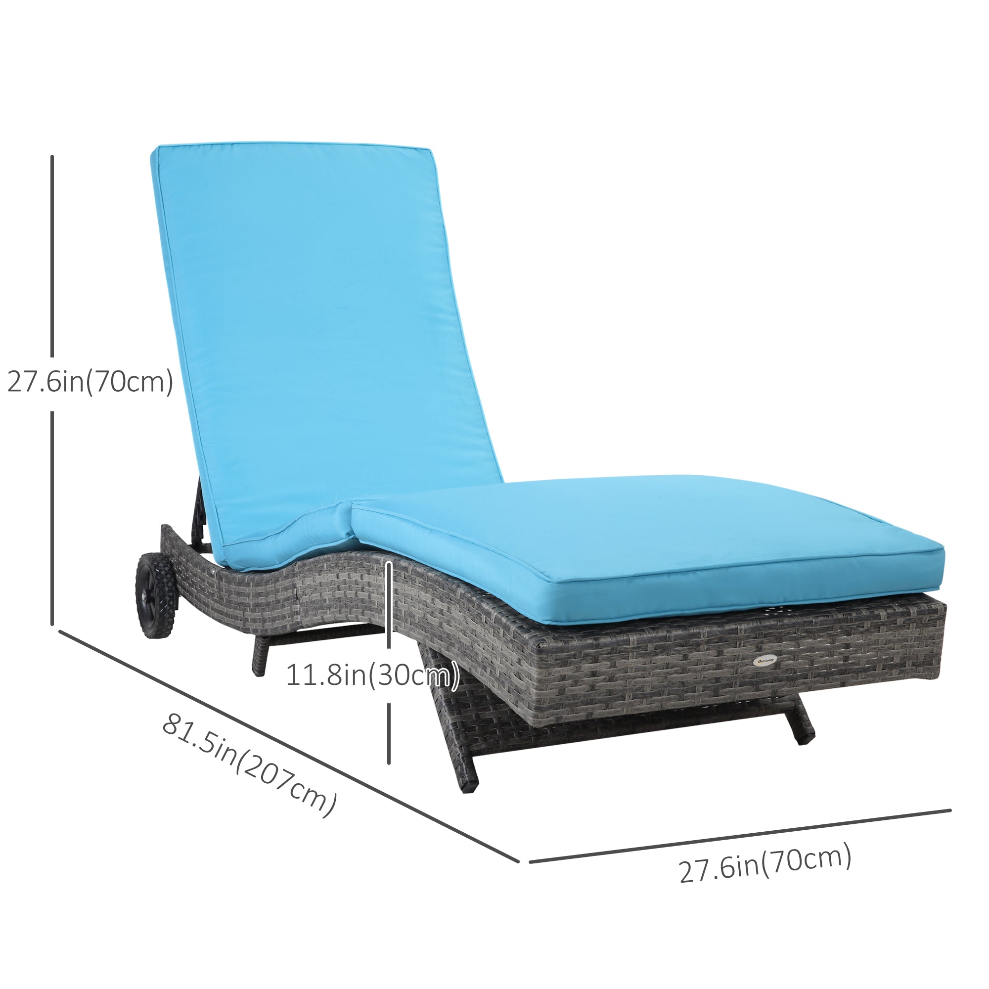 Outsunny Wicker Chaise Lounge, Outdoor Lounge Chair, 5-Level Adjustable Backrest S-Shape Rattan Lounger with Cushion & Wheels for Patio, Deck, Poolside, Sky Blue