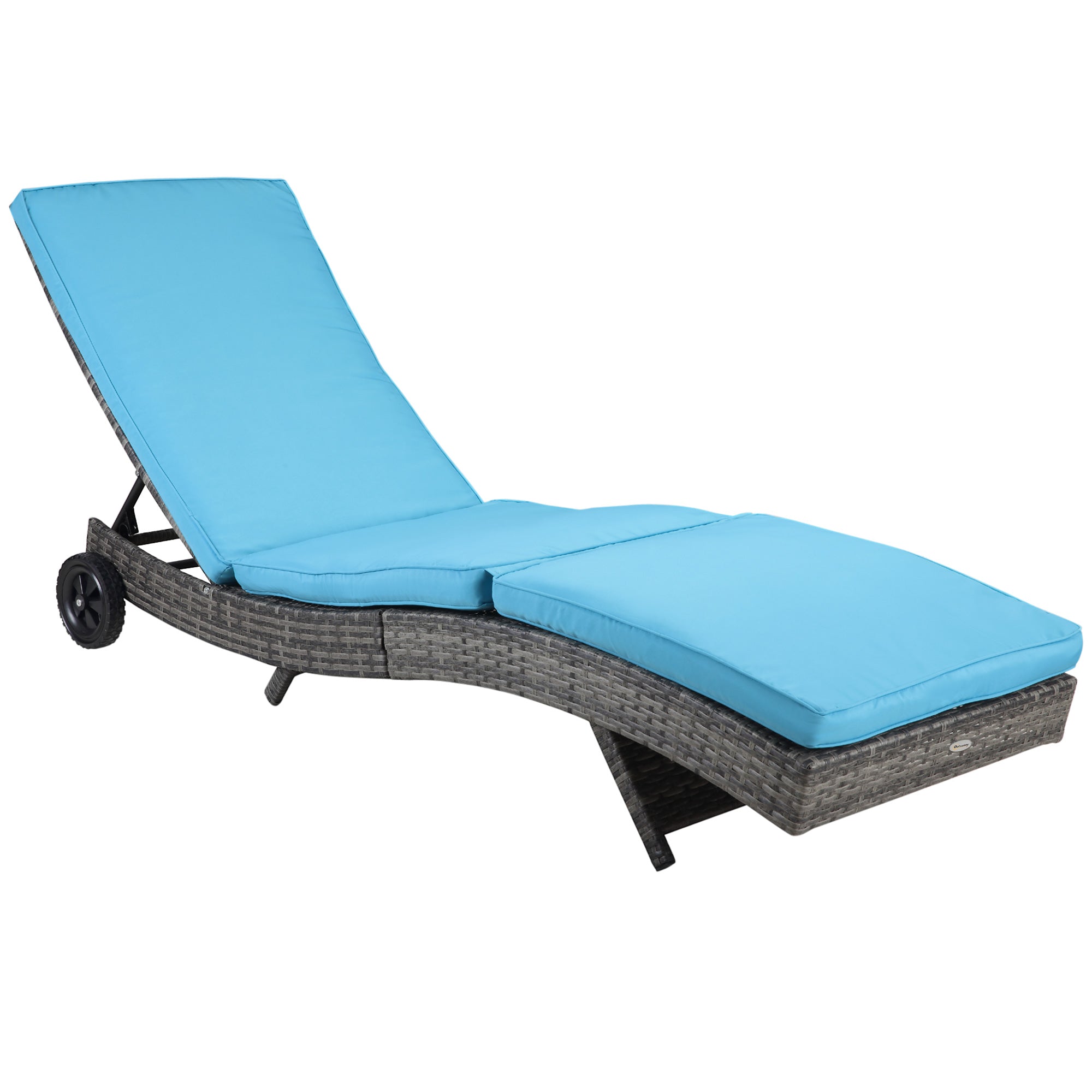 Outsunny Wicker Chaise Lounge, Outdoor Lounge Chair, 5-Level Adjustable Backrest S-Shape Rattan Lounger with Cushion & Wheels for Patio, Deck, Poolside, Sky Blue