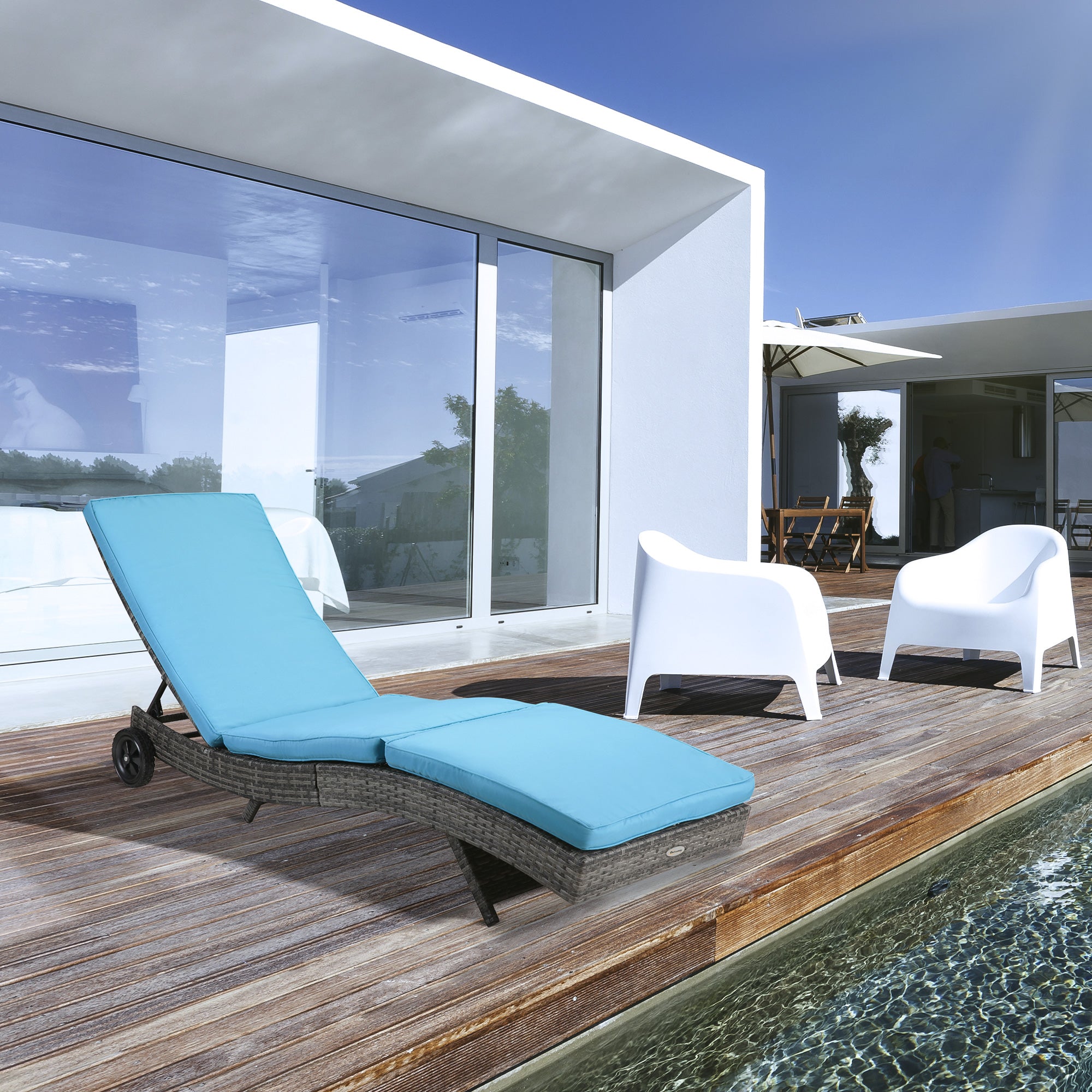Outsunny Wicker Chaise Lounge, Outdoor Lounge Chair, 5-Level Adjustable Backrest S-Shape Rattan Lounger with Cushion & Wheels for Patio, Deck, Poolside, Sky Blue