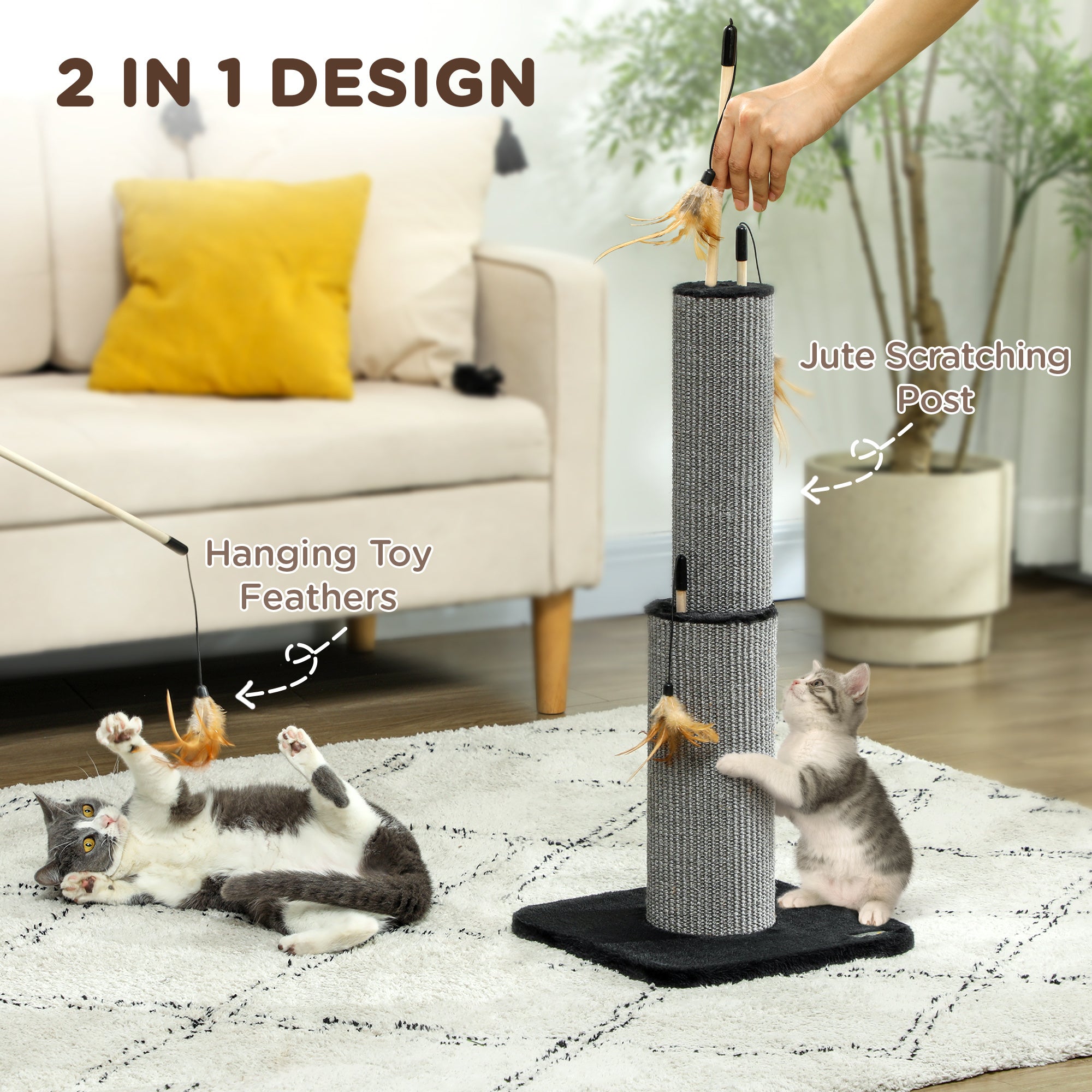 PawHut 2 in 1 Cat Scratching Post, 78cm Tall Cat Scratch Post with 3 Toy Feathers, Cat Scratcher Post for Indoor Cats and Kittens, Black