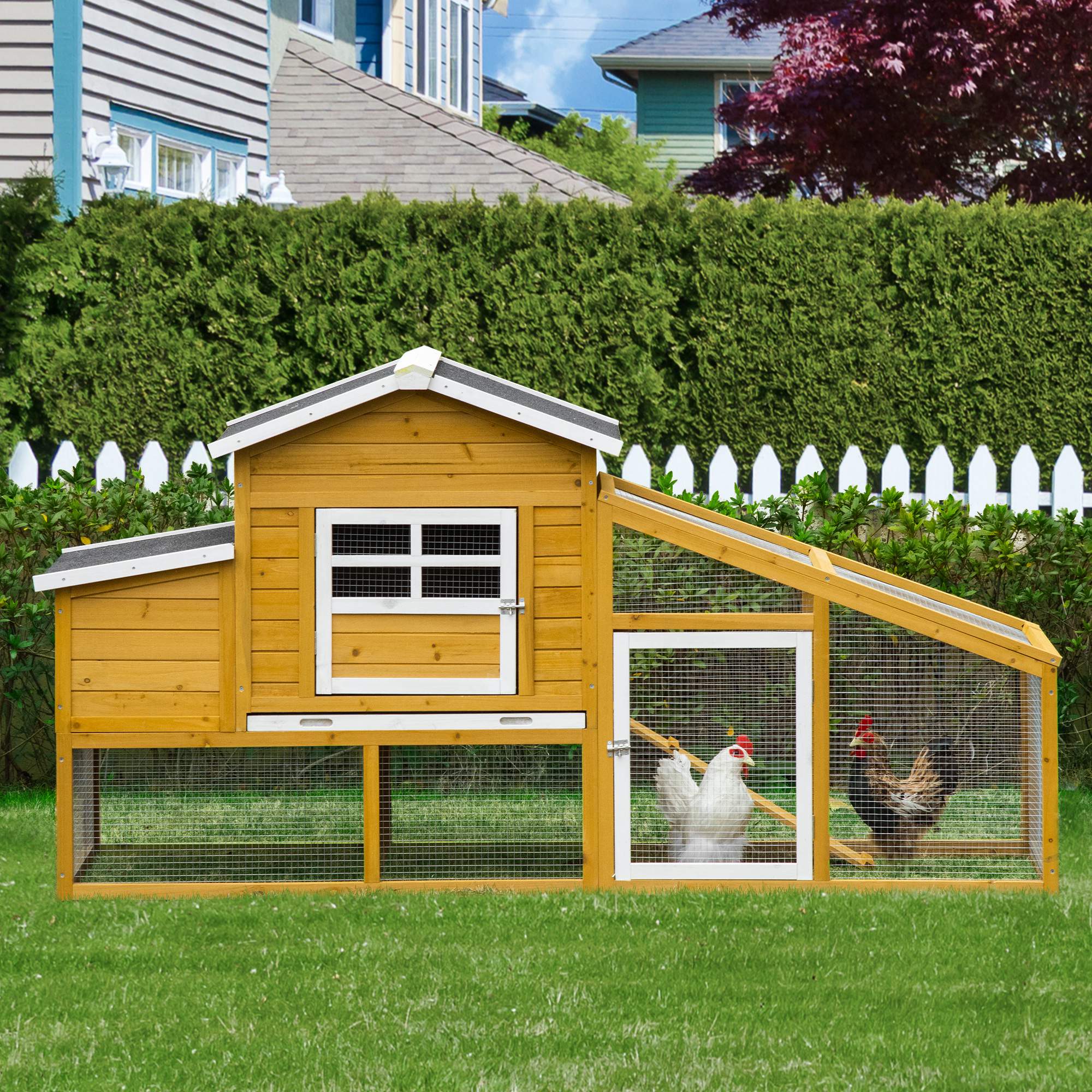 PawHut 79" Wooden Chicken Coop, Outdoor Hen House, Poultry Habitat with Removable Tray, Nesting Box, Run, Ramp