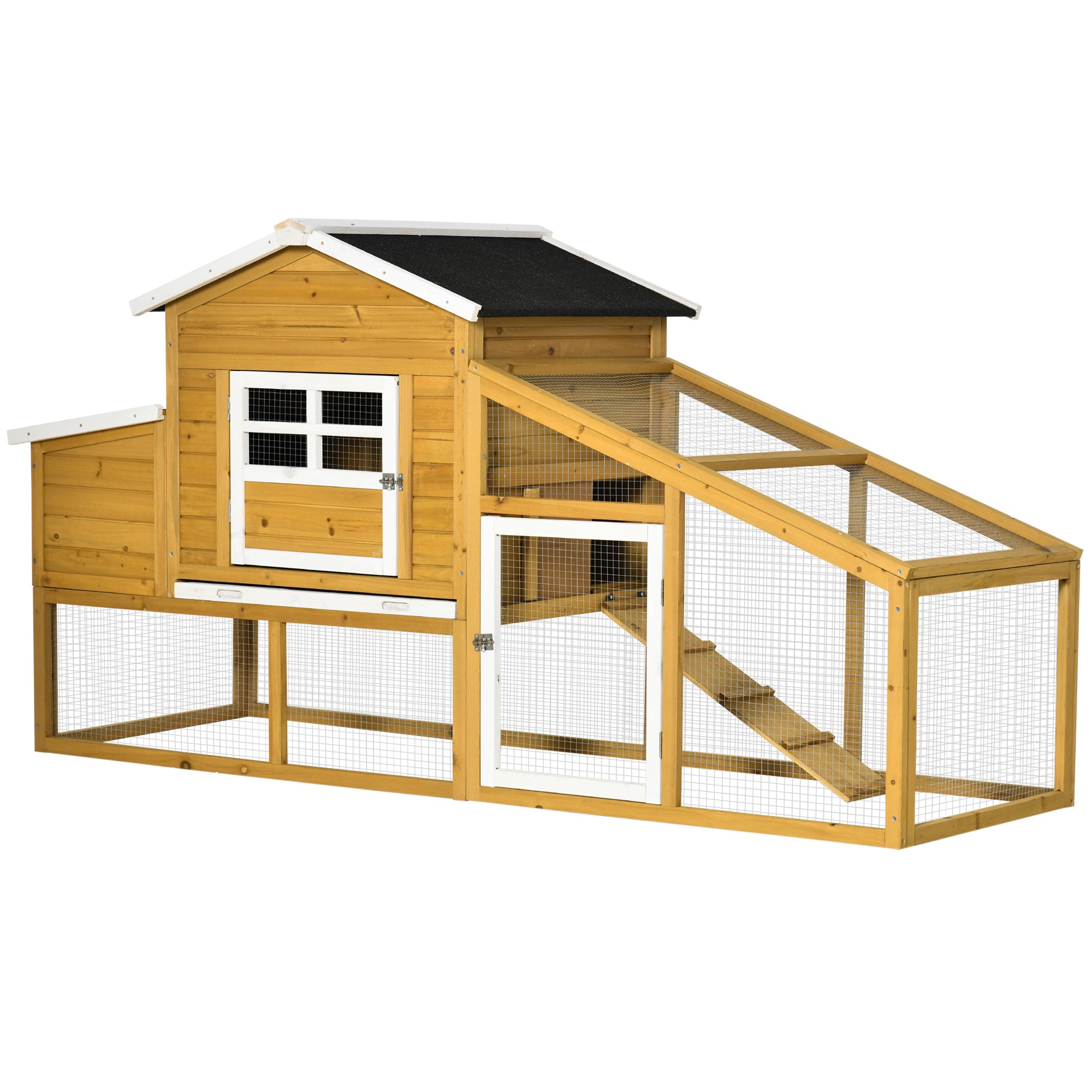 PawHut 79" Wooden Chicken Coop, Outdoor Hen House, Poultry Habitat with Removable Tray, Nesting Box, Run, Ramp