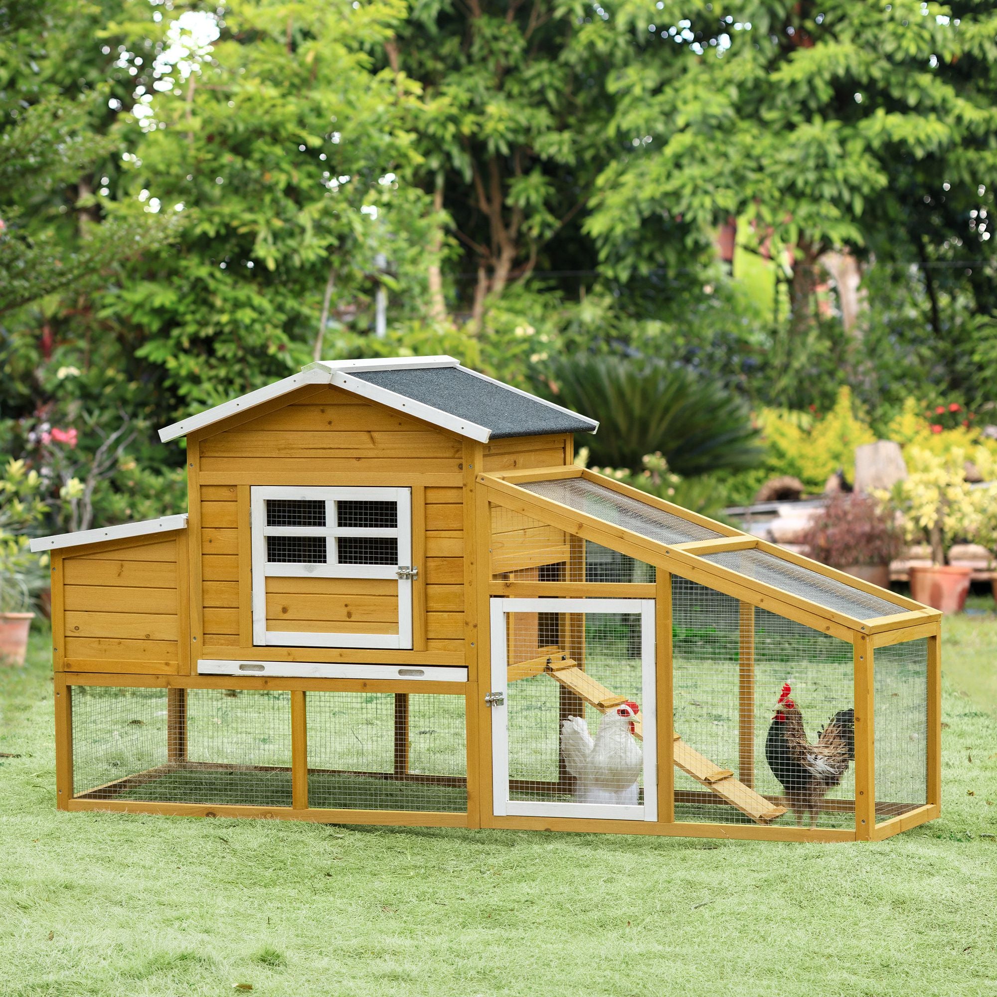 PawHut 79" Wooden Chicken Coop, Outdoor Hen House, Poultry Habitat with Removable Tray, Nesting Box, Run, Ramp