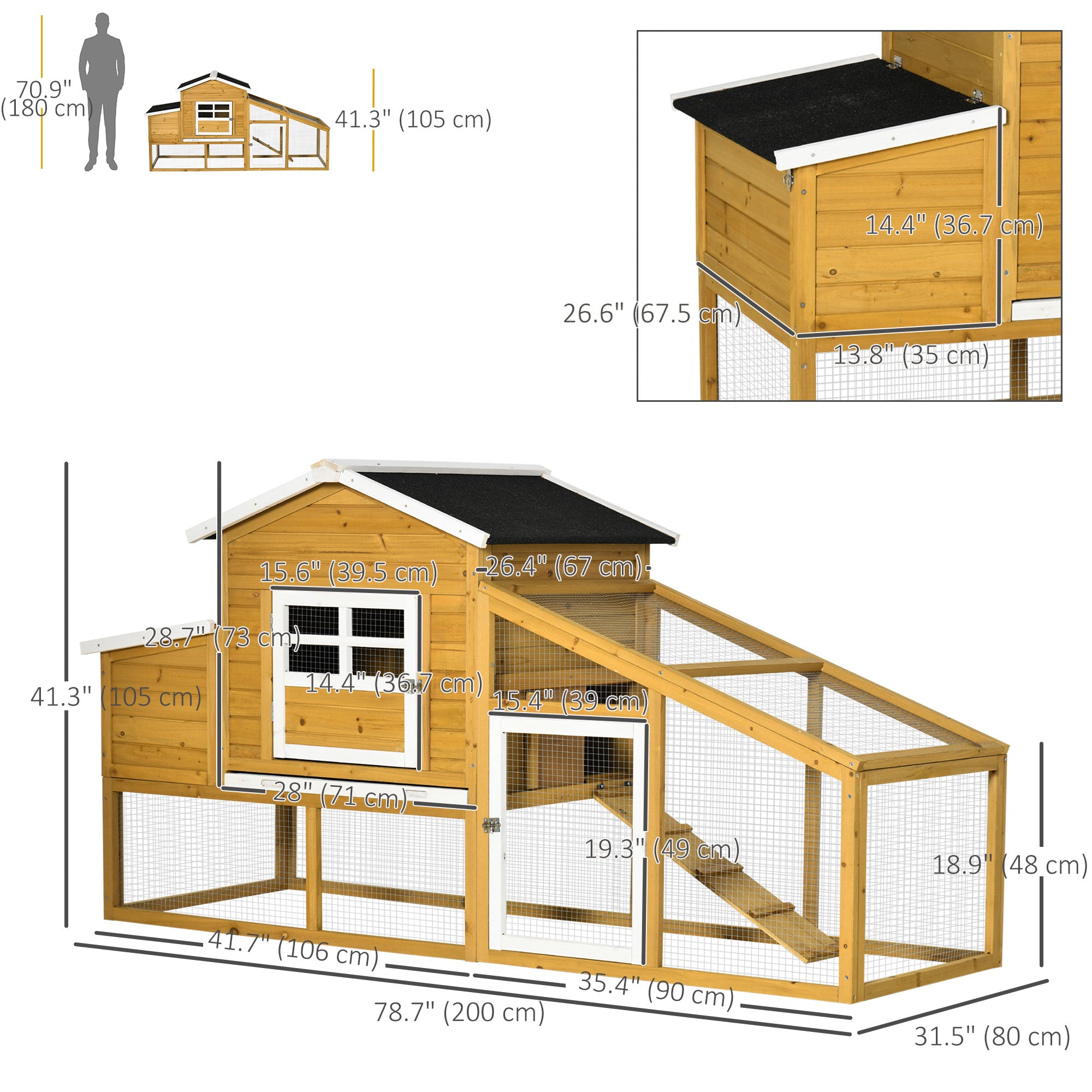 PawHut 79" Wooden Chicken Coop, Outdoor Hen House, Poultry Habitat with Removable Tray, Nesting Box, Run, Ramp