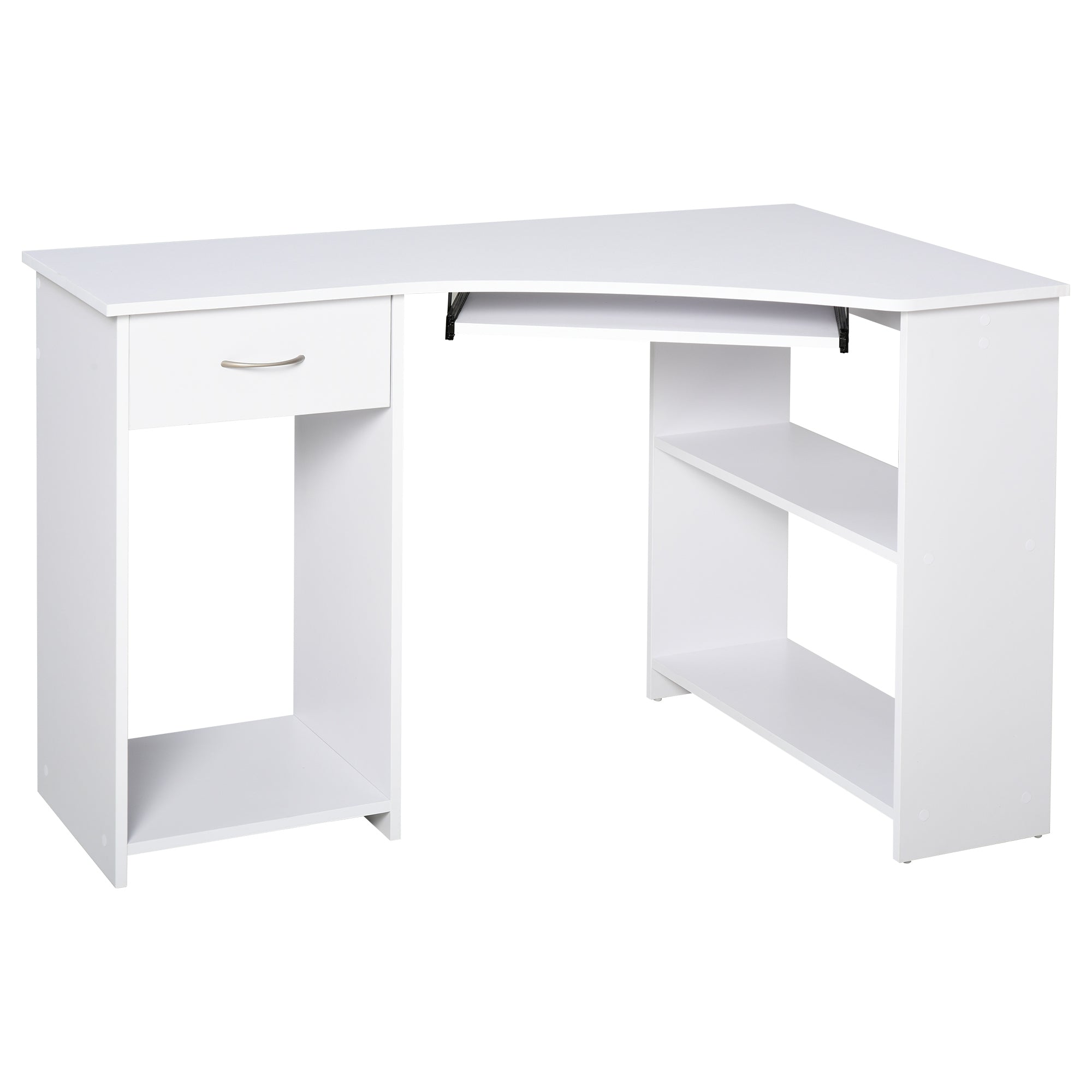 HOMCOM L-Shaped Desk with Keyboard Tray, Computer Corner Desk for Small Space with  Shelves, Drawer, CPU Stand, Home Office Writing Table, White